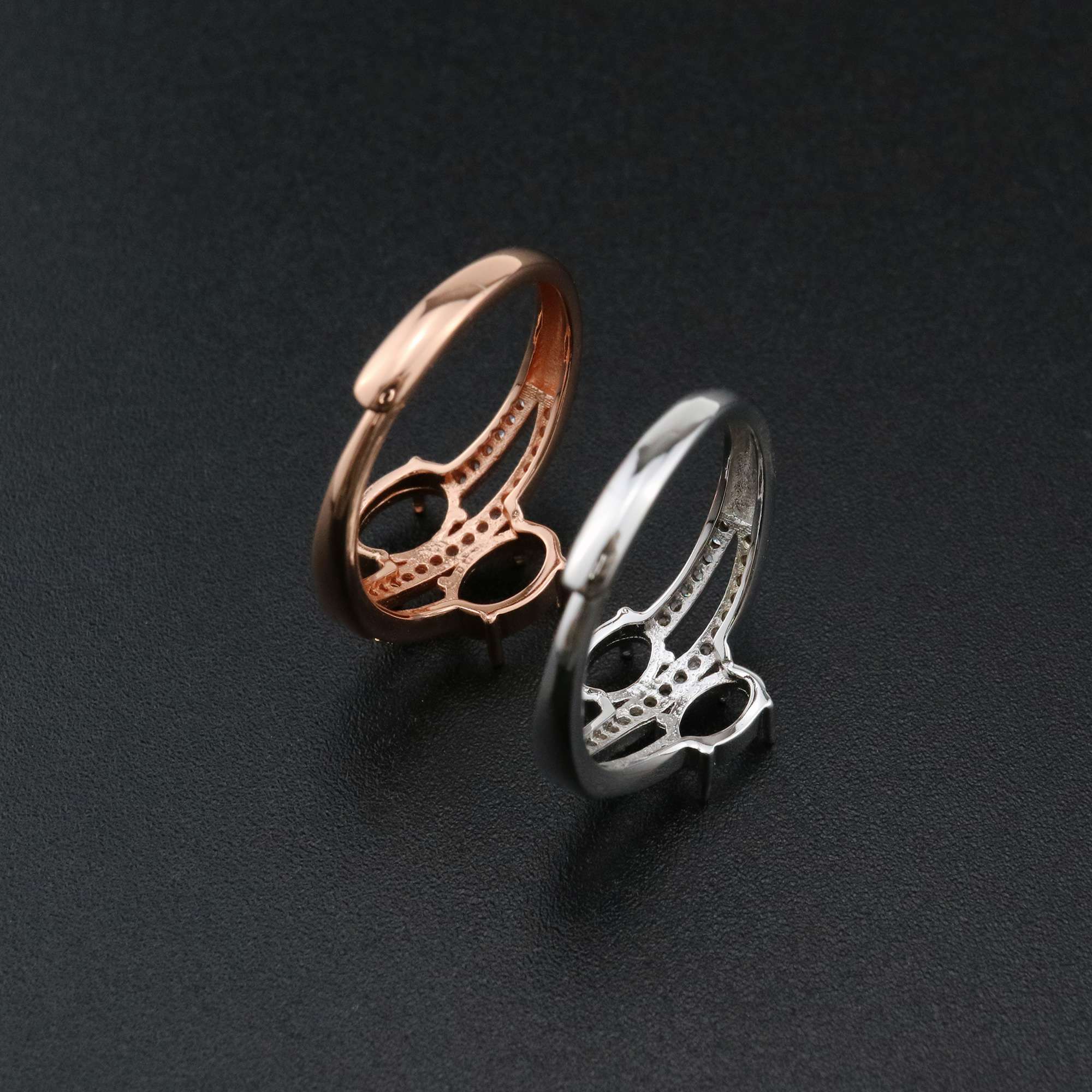 1Pcs Oval Prong Ring Settings Blank Adjustable 2 Stones Pave CS Stone Rose Gold Plated Solid 925 Sterling Silver DIY Bezel for Gemstone 1224045 - Click Image to Close