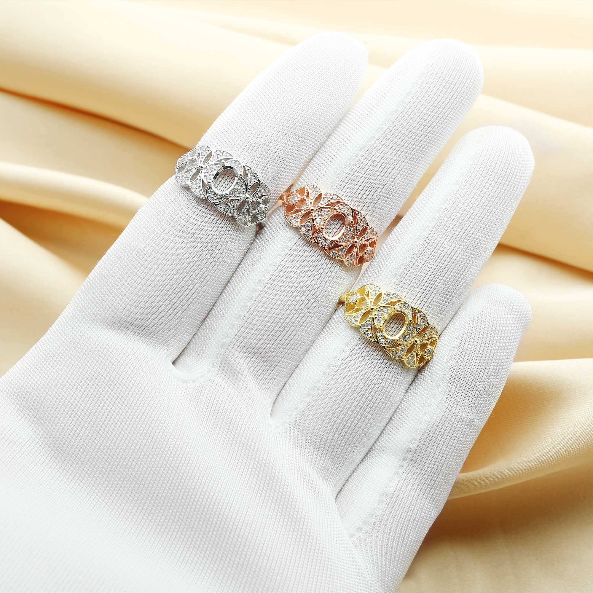 4x6MM Oval Prong Ring Settings,Art Deco Flower Solid 925 Sterling Silver Rose Gold Plated Ring,Vintage Style Ring Band,DIY Ring Supplies 1224153 - Click Image to Close