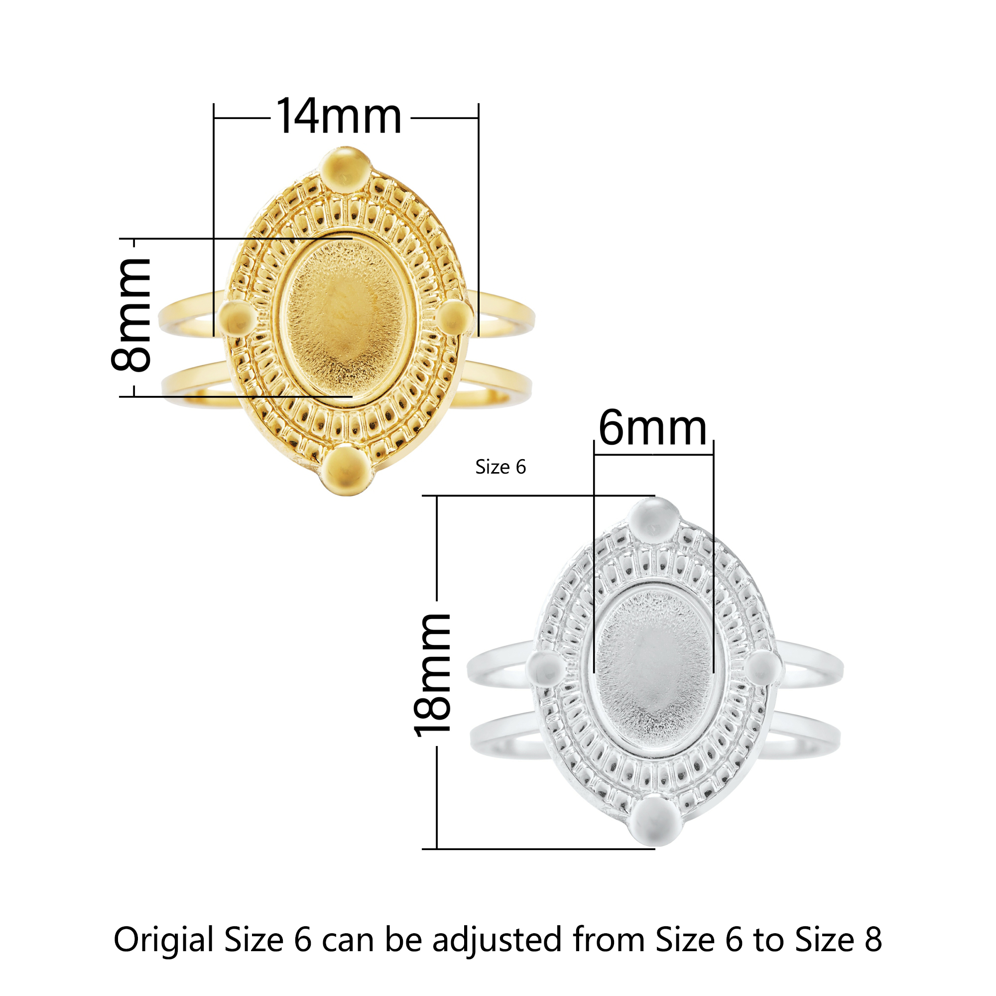 Keepsake Breastmilk Stainless Steel Oval Bezel Adjustable Ring Settings, Gold Plated 304L Ring,0.5MM Deep DIY Ring Supplies 1224207 - Click Image to Close