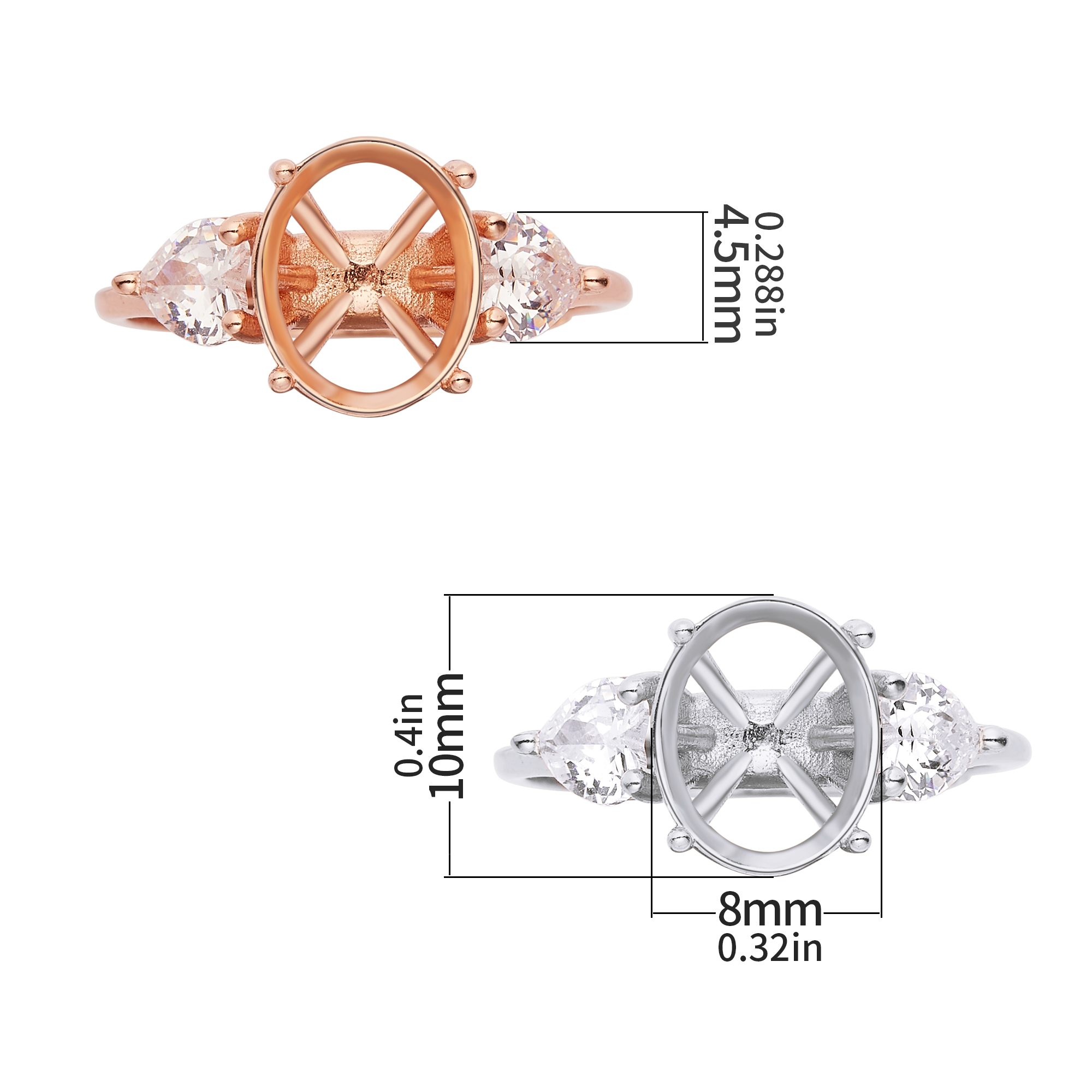 8x10MM Oval Prong Ring Settings,Three Stone Solid 925 Sterling Silver Rose Gold Plated Ring,Art Deco CZ Stone Ring,DIY Ring Supplies For Gemstone 1224213 - Click Image to Close