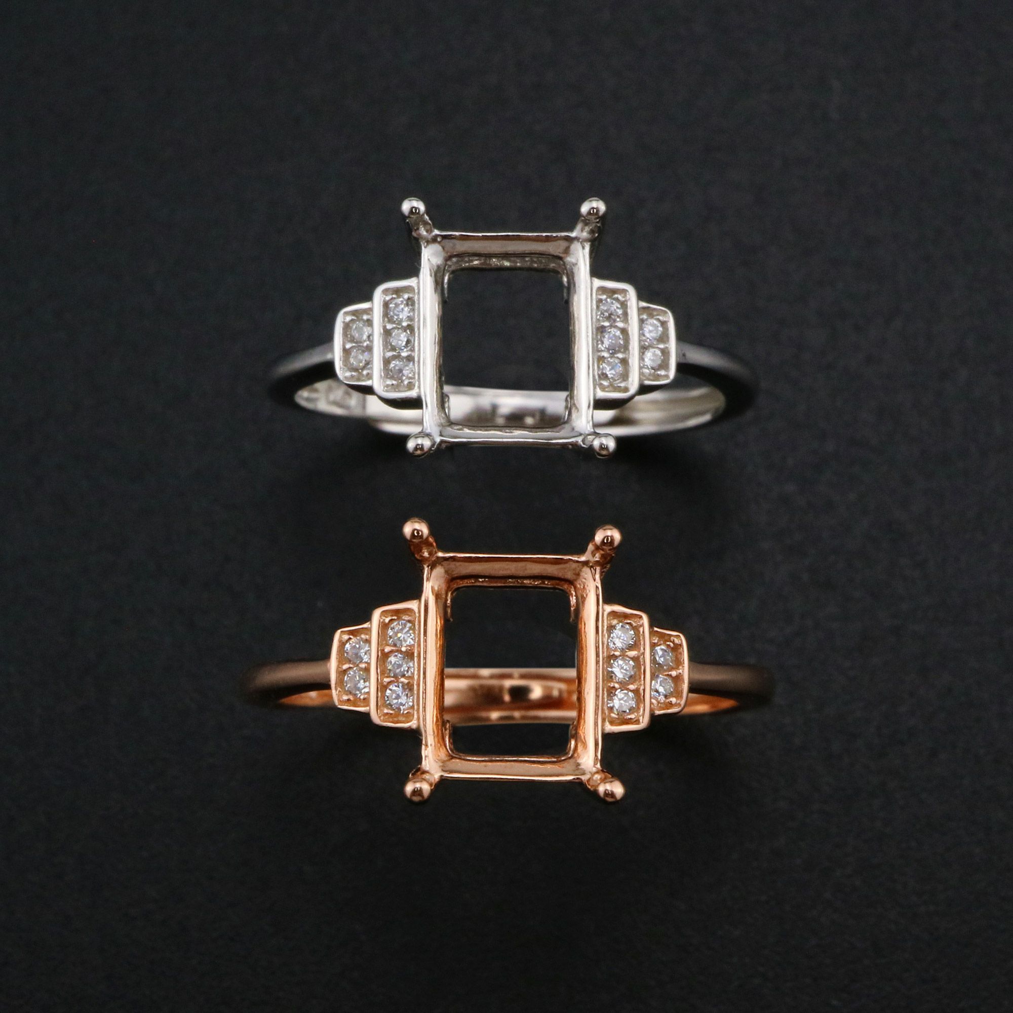 6x8MM Rectangle Prong Ring Settings Vintage Style Rose Gold Plated Solid 925 Sterling Silver Adjustable Ring Bezel for Gemstone 1294242 - Click Image to Close