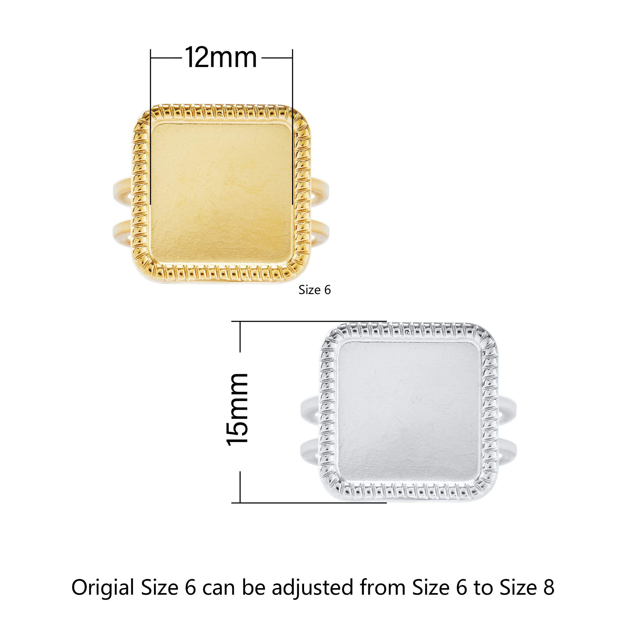 Keepsake Breastmilk Stainless Steel Square Bezel Adjustable Ring Settings, Gold Plated 304L Ring,0.5MM Deep DIY Ring Supplies 1294774 - Click Image to Close