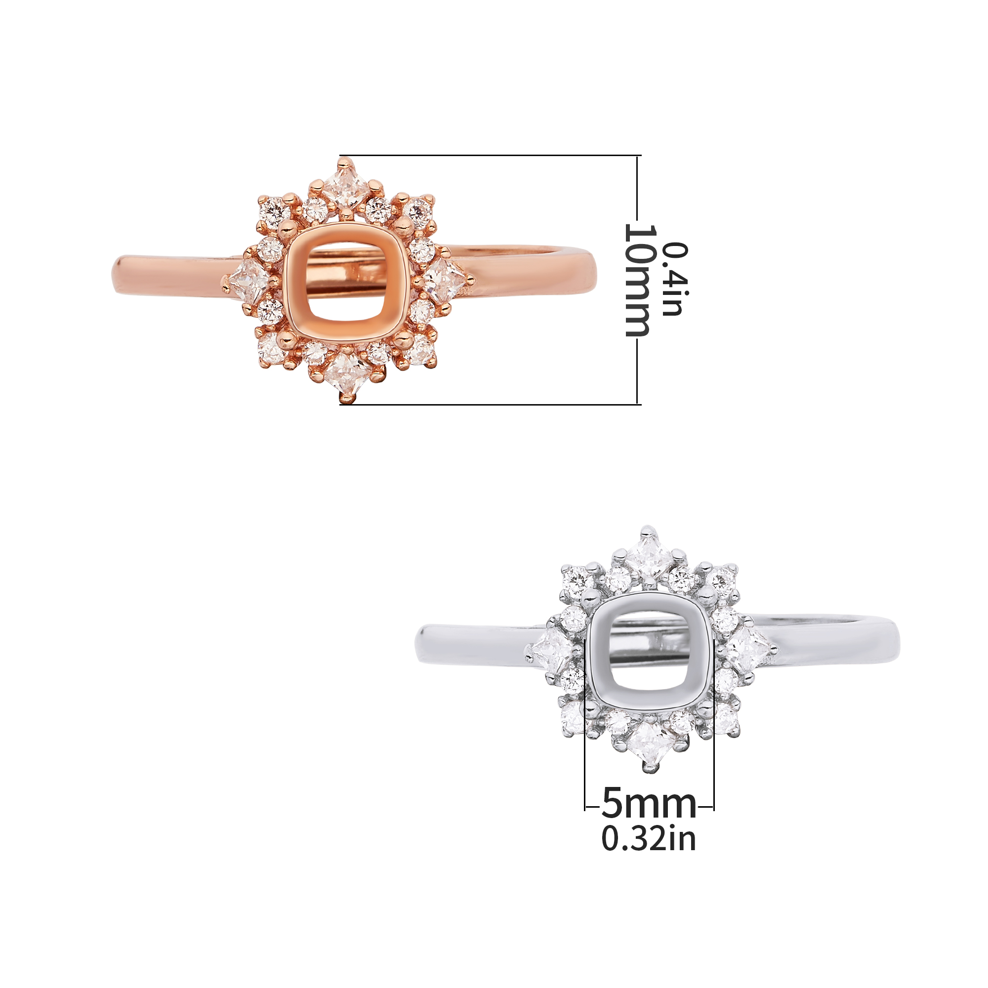 5MM Halo Cushion Square Prong Ring Settings,Solid 925 Sterling Silver Rose Gold Plated Ring,Pave CZ Stone Ring,DIY Ring Supplies For Gemstone 1294859 - Click Image to Close