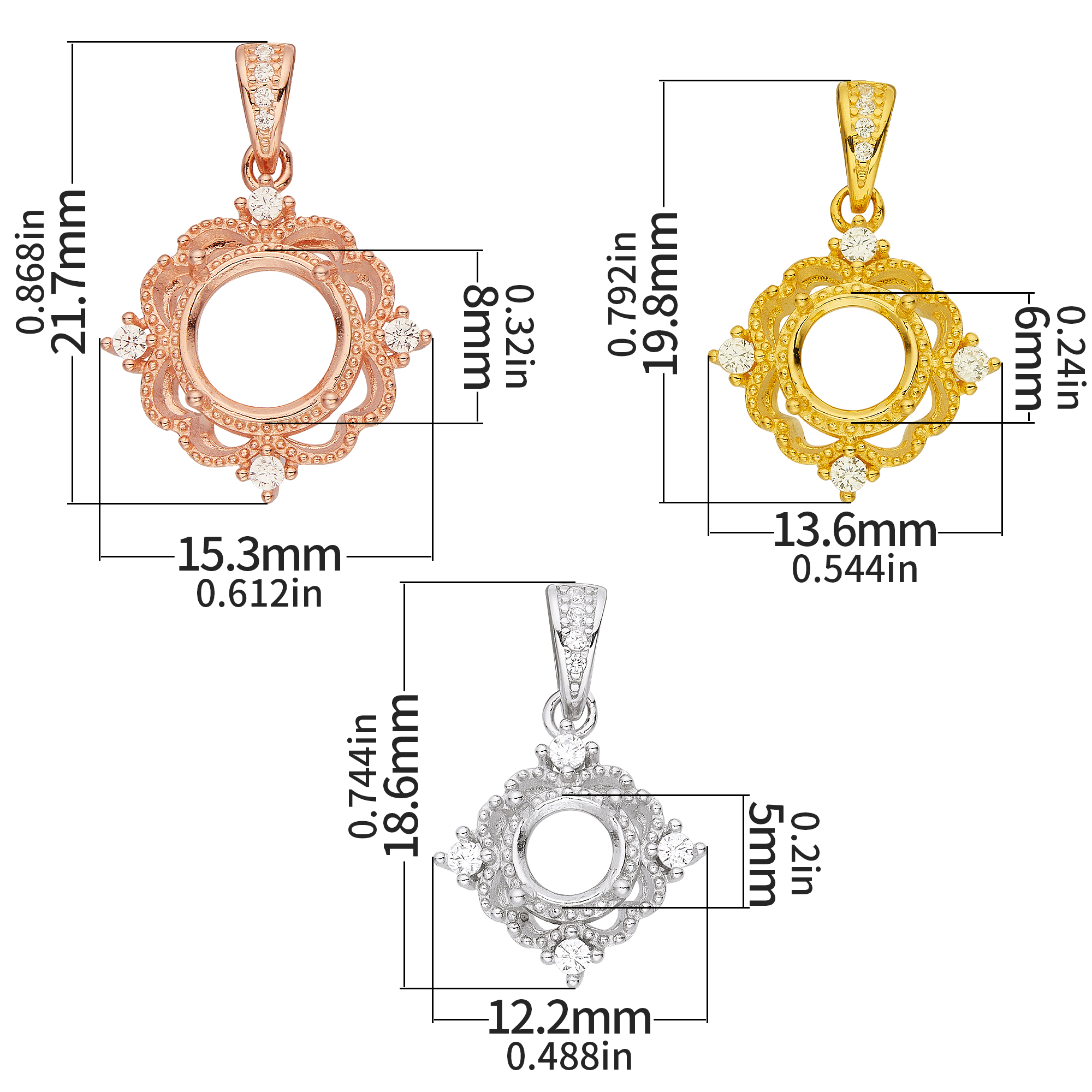 Lace Round Prong Pendant Settings,Solid 925 Sterling Silver Rose Gold Plated Pendant Charm,Vintage Styles Pendant,DIY Pendant Supplies 1411380 - Click Image to Close