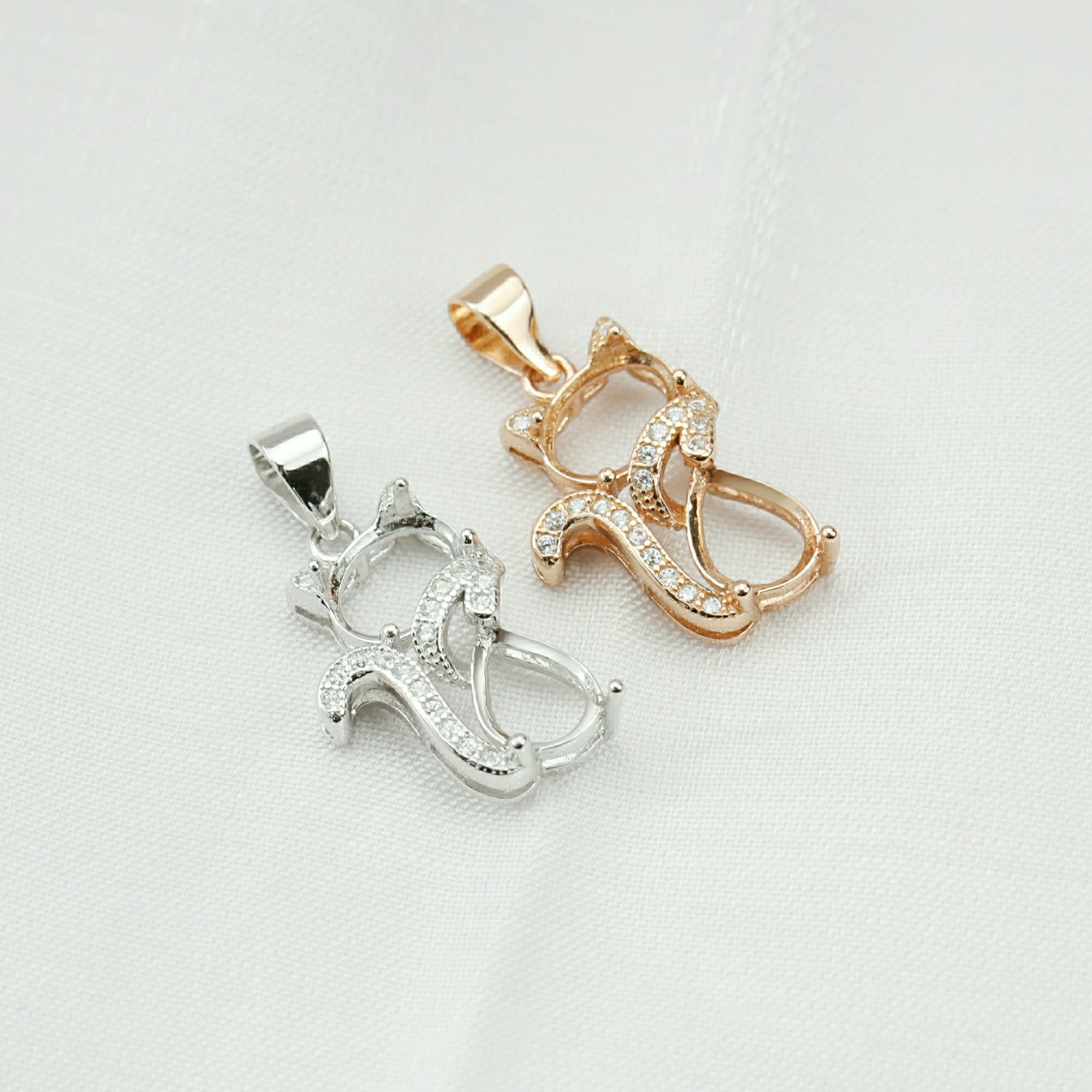 6x8MM Oval Prong Bezel Pendant Settings Rose Gold Plated Solid 925 Sterling Silver Kitty Cat Charm DIY Supplies for Gemstone 1421168 - Click Image to Close