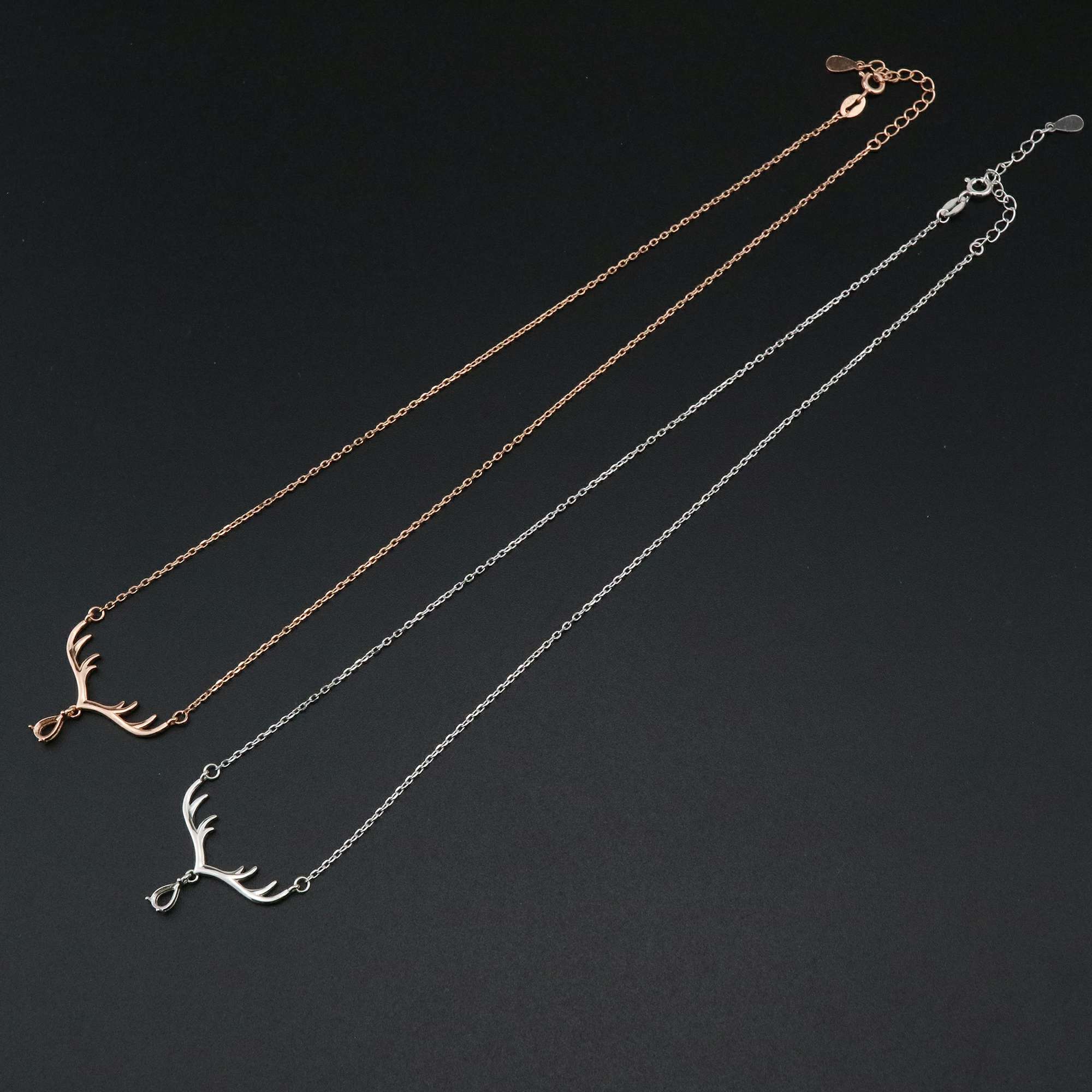 1Pcs 4x6MM Pear Prong Pendant Settings Necklace Dear Horn Rose Gold Plated Solid 925 Sterling Silver Charm Bezel Tray DIY Supplies 16''+2'' 1431060 - Click Image to Close