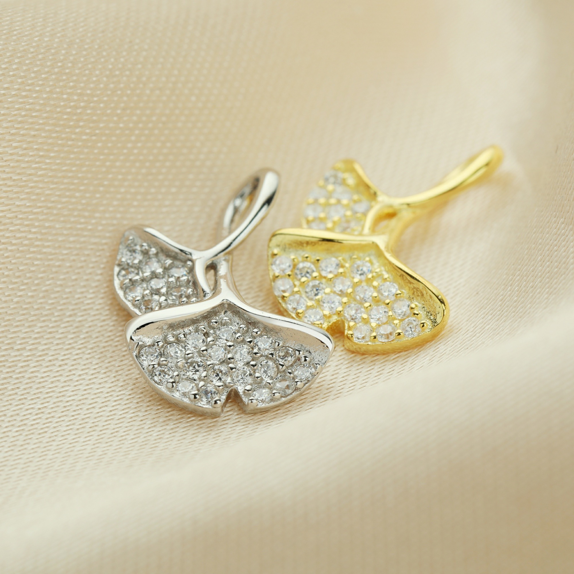 12MM Pave CZ Stone Ginkgo Biloba Leaf Charm,Solid 925 Sterling Silver Gold Plated Pendant Charm,DIY Charm Supplies 1431189 - Click Image to Close