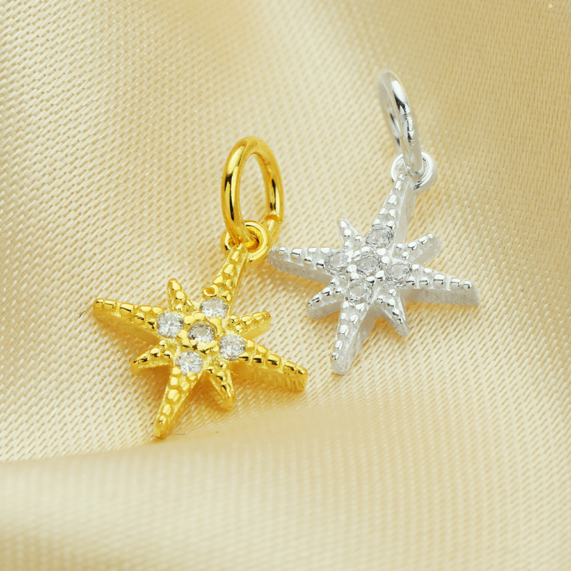 10MM North Star Charm,Solid 925 Sterling Silver Gold Plated Pendant Charm,CZ Stone Star Charm,DIY Pendant Charm Supplies 1431194 - Click Image to Close