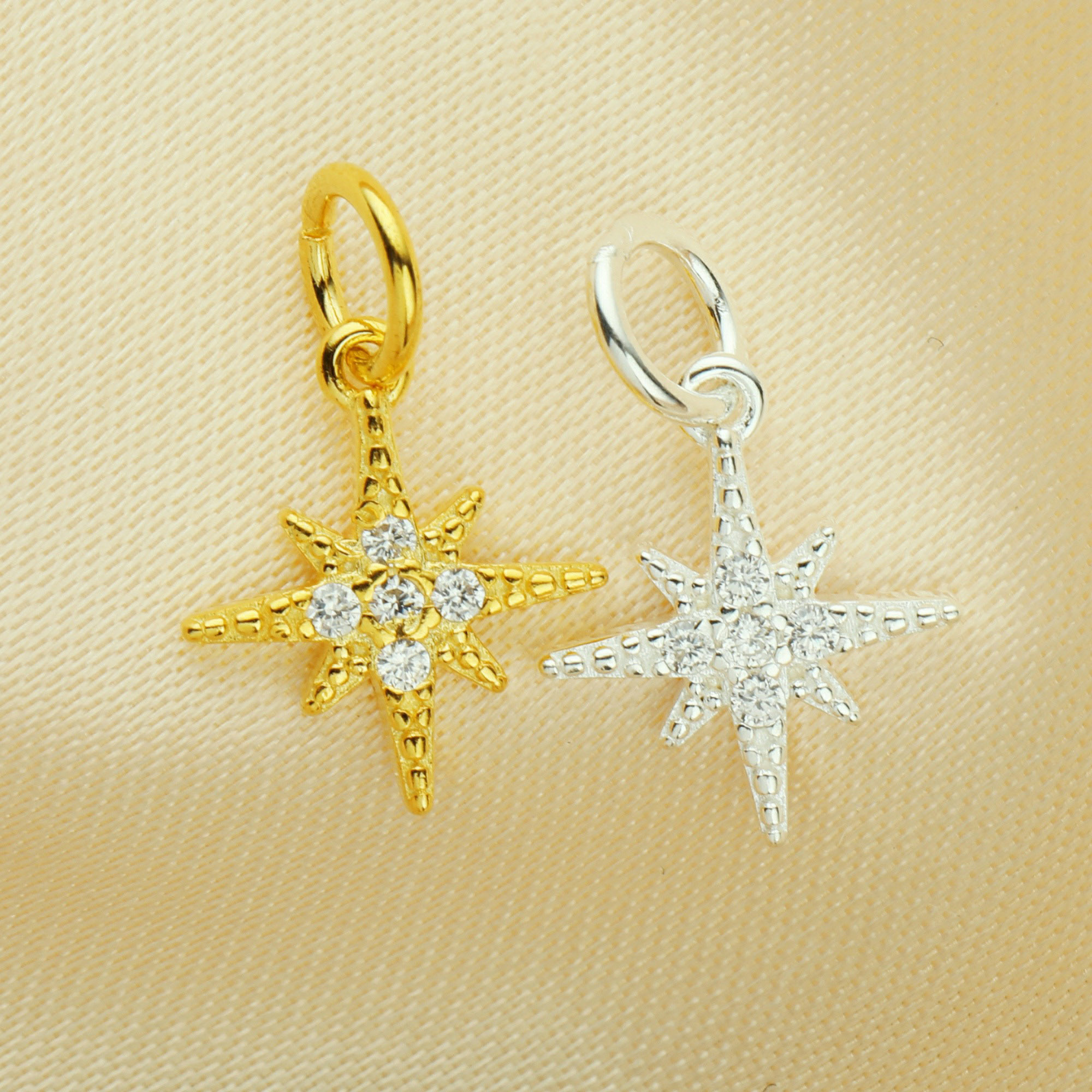 10MM North Star Charm,Solid 925 Sterling Silver Gold Plated Pendant Charm,CZ Stone Star Charm,DIY Pendant Charm Supplies 1431194 - Click Image to Close