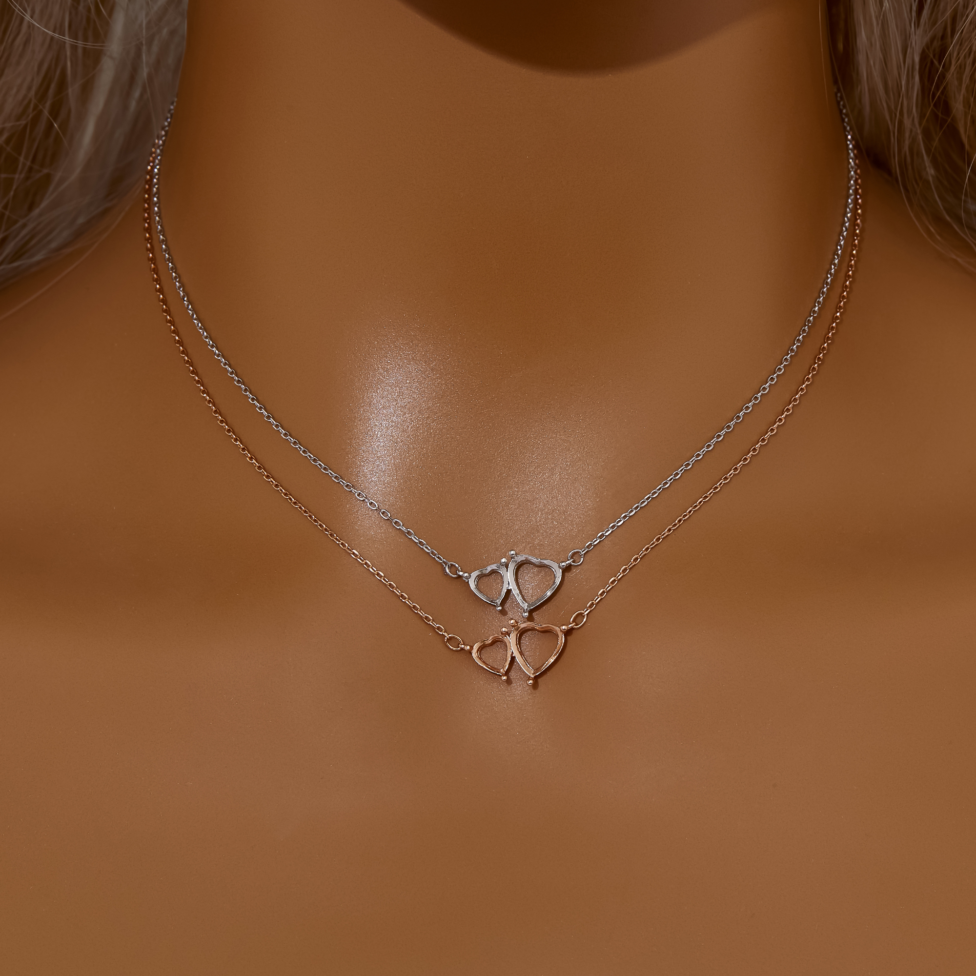 Double Stones Heart Prong Pendant Settings,Solid 925 Sterling Silver Rose Gold Plated Necklace,Minimalist Heart Necklace With Chain 16''+2'' 1431336 - Click Image to Close