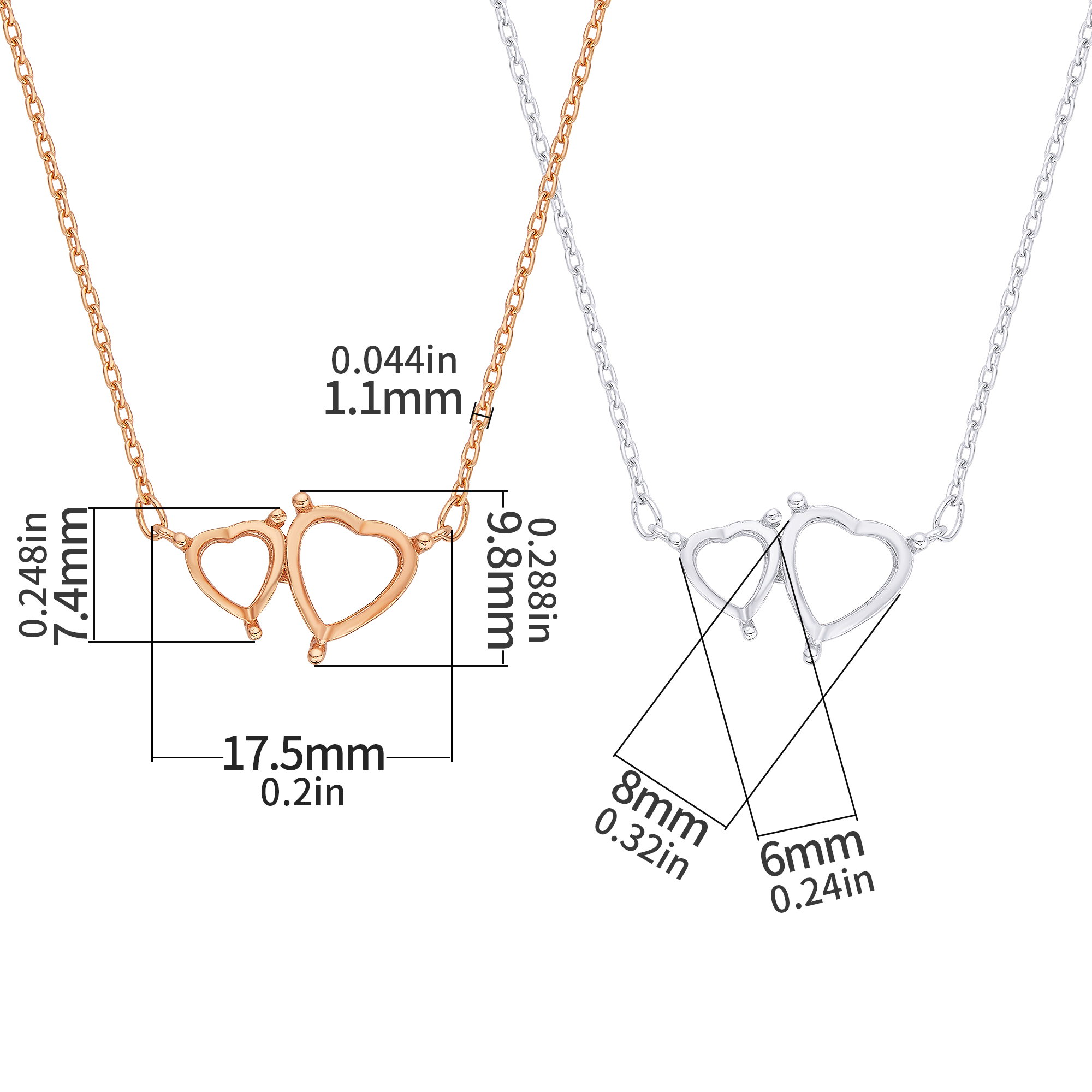 Double Stones Heart Prong Pendant Settings,Solid 925 Sterling Silver Rose Gold Plated Necklace,Minimalist Heart Necklace With Chain 16''+2'' 1431336 - Click Image to Close