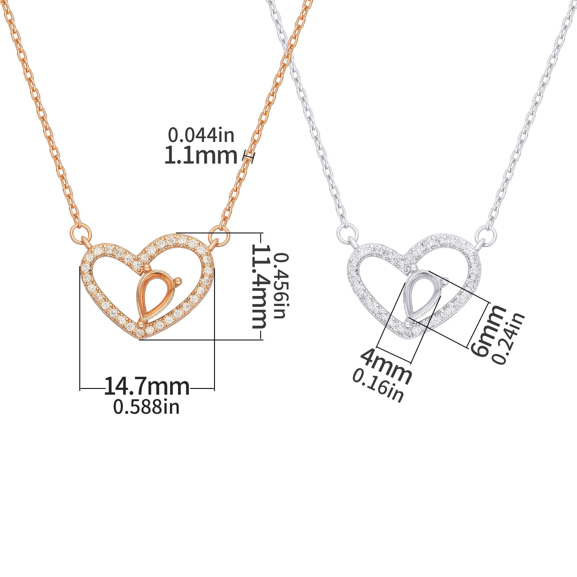 4x6MM Pear Prong Pendant Settings,Heart Solid 925 Sterling Silver Rose Gold Plated Necklace,Art Deco Heart Necklace With Chain 16''+2'' 1431337 - Click Image to Close