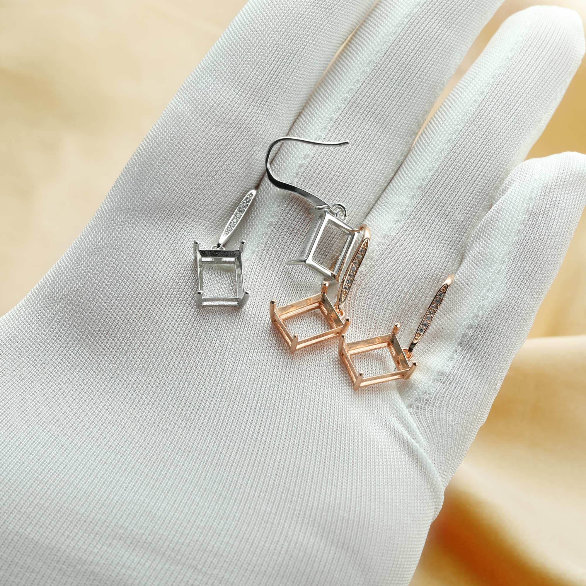 1Pair 8x10MM Rectangle Hook Earrings Settings Rose Gold Plated Solid 925 Sterling Silver Bezel DIY Supplies for Gemstone Jewelry 1706059 - Click Image to Close