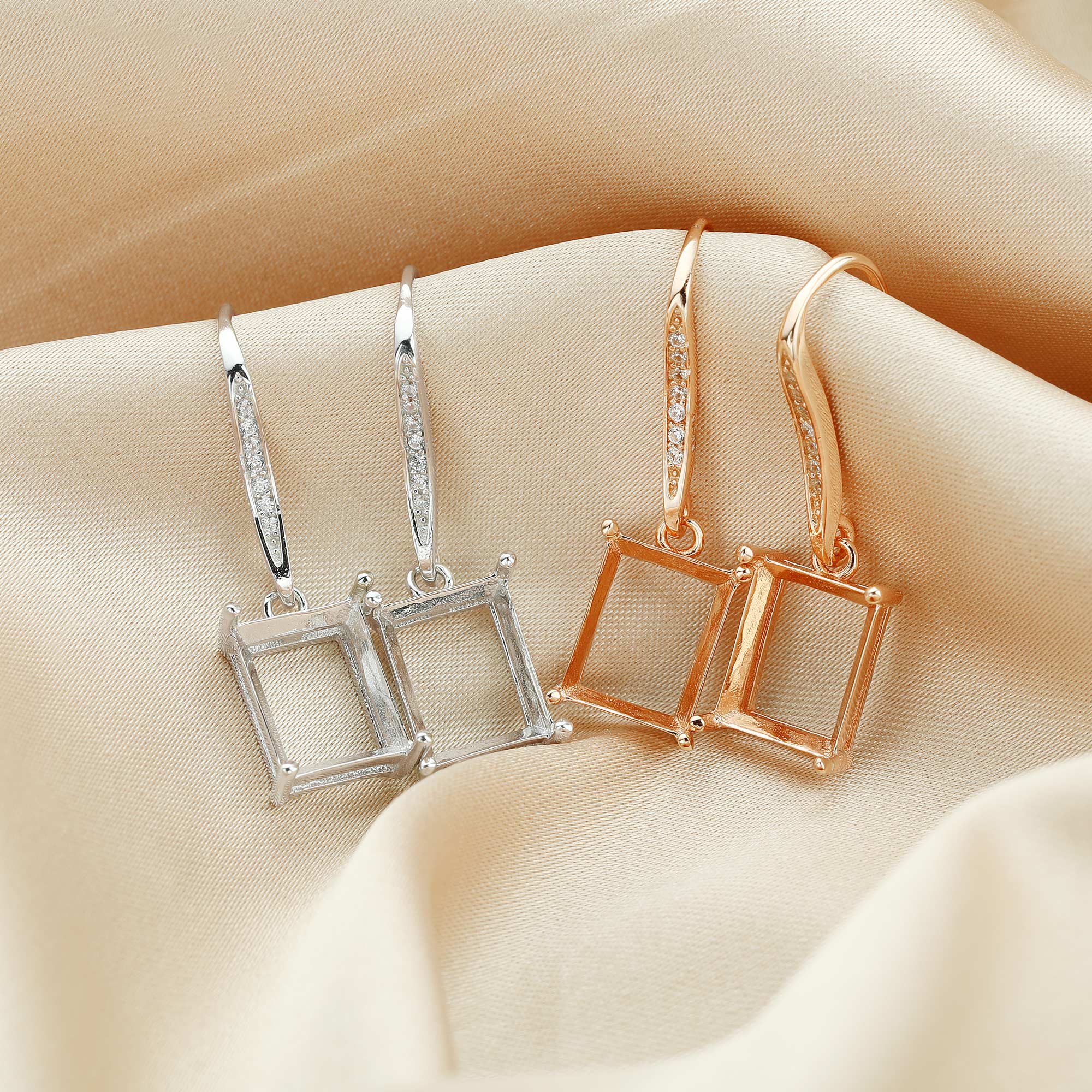 1Pair 8x10MM Rectangle Hook Earrings Settings Rose Gold Plated Solid 925 Sterling Silver Bezel DIY Supplies for Gemstone Jewelry 1706059 - Click Image to Close