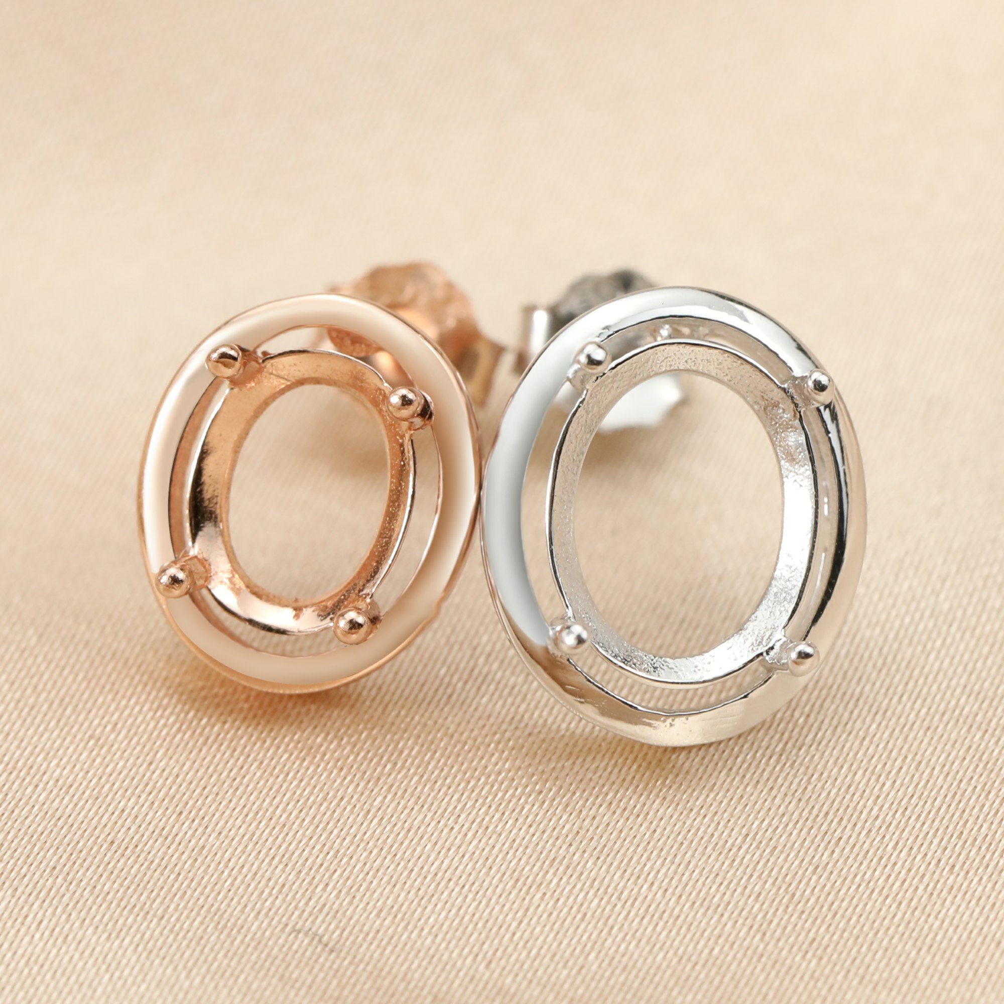 Simple Oval Prong Studs Earrings Blank Settings Rose Gold Plated Solid 925 Sterling Silver DIY Earrings Supplies 1706086 - Click Image to Close