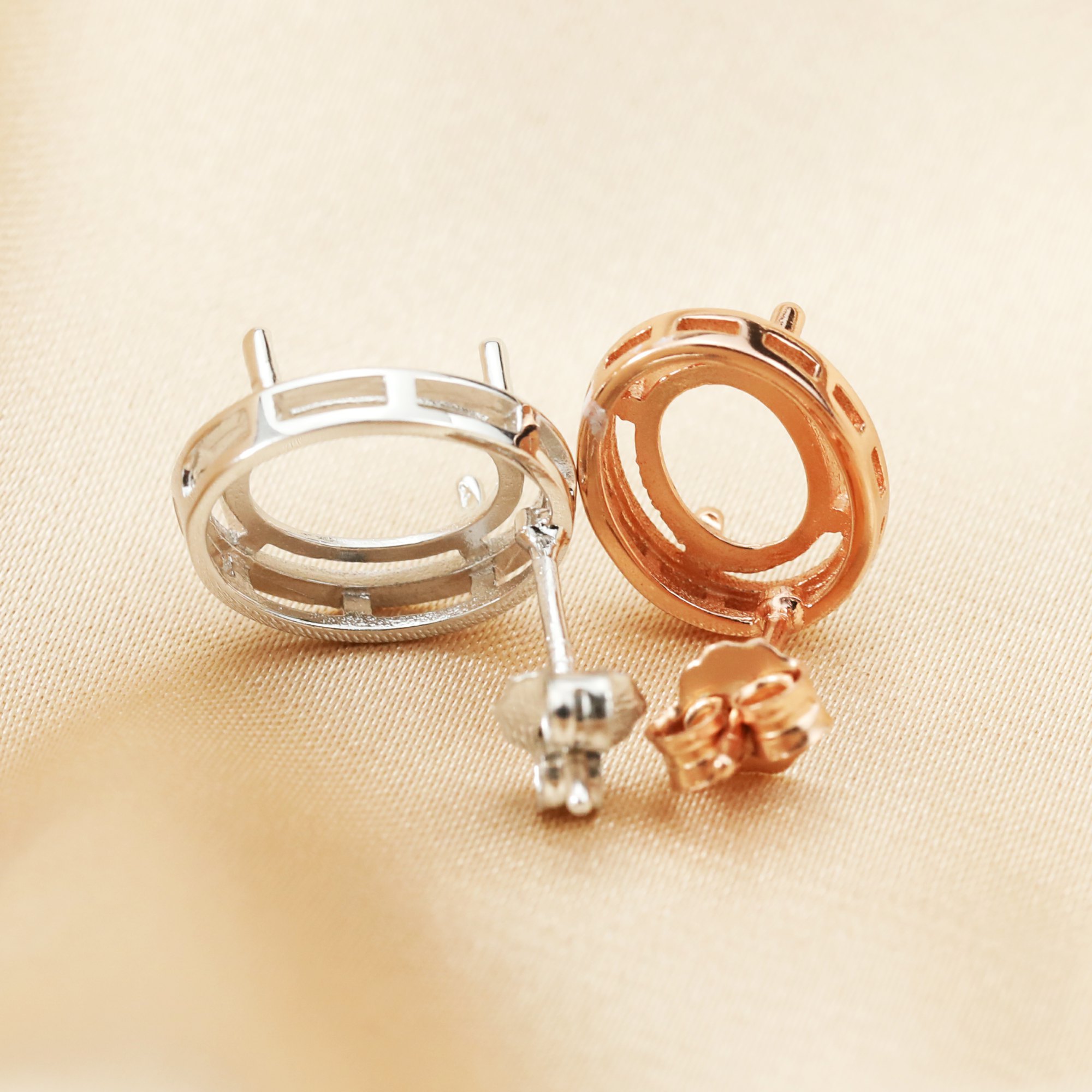 Simple Oval Prong Studs Earrings Blank Settings Rose Gold Plated Solid 925 Sterling Silver DIY Earrings Supplies 1706086 - Click Image to Close