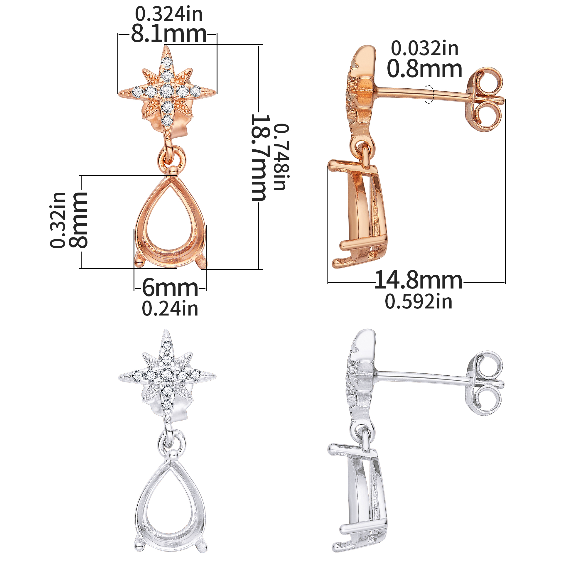 6x8MM Pear Prong Star Studs Earrings Settings,Solid 925 Sterling Silver Rose Gold Plated Earring,Vintage Styles Earrings,DIY Earring Supplies For Gemstone 1706180 - Click Image to Close