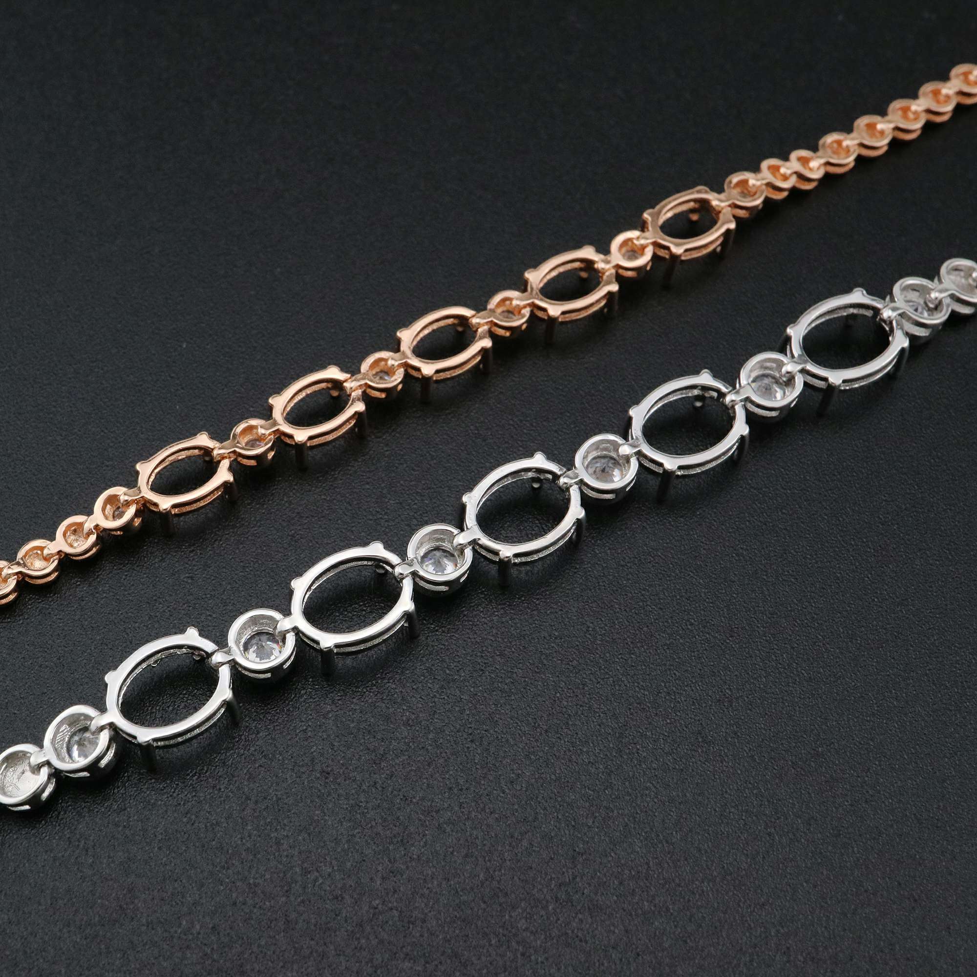 1Pcs Oval Prong Bezel Bracelet Settings 5 Stones Rose Gold Plated Solid 925 Sterling Silver Tray for Gemstone 6''+1.6'' 1900246 - Click Image to Close