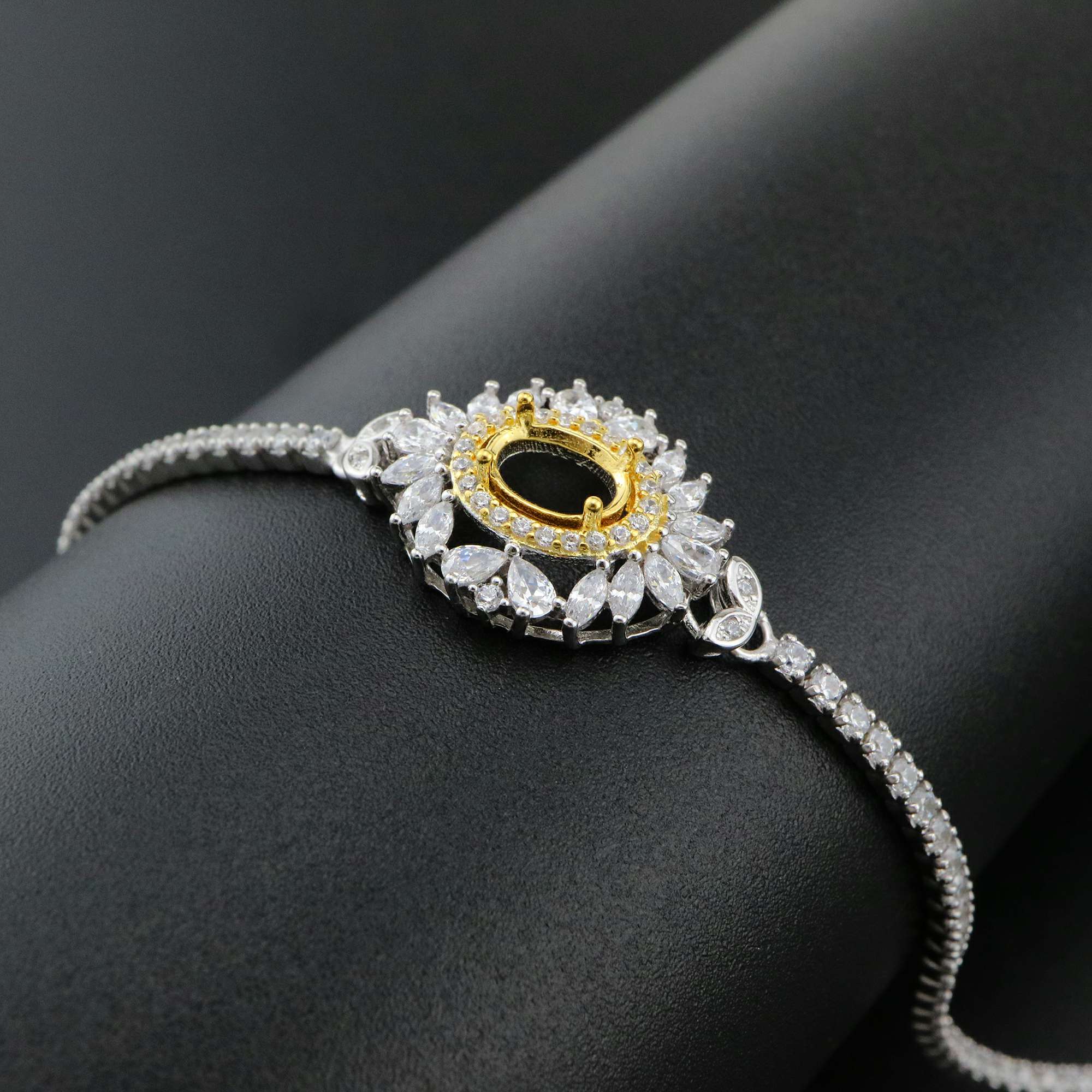 1Pcs 5x7MM Oval Prong Bezel Bracelet Settings Luxury Gold Plated Solid 925 Sterling Silver Tray for Gemstone 6''+1.6'' 1900253 - Click Image to Close