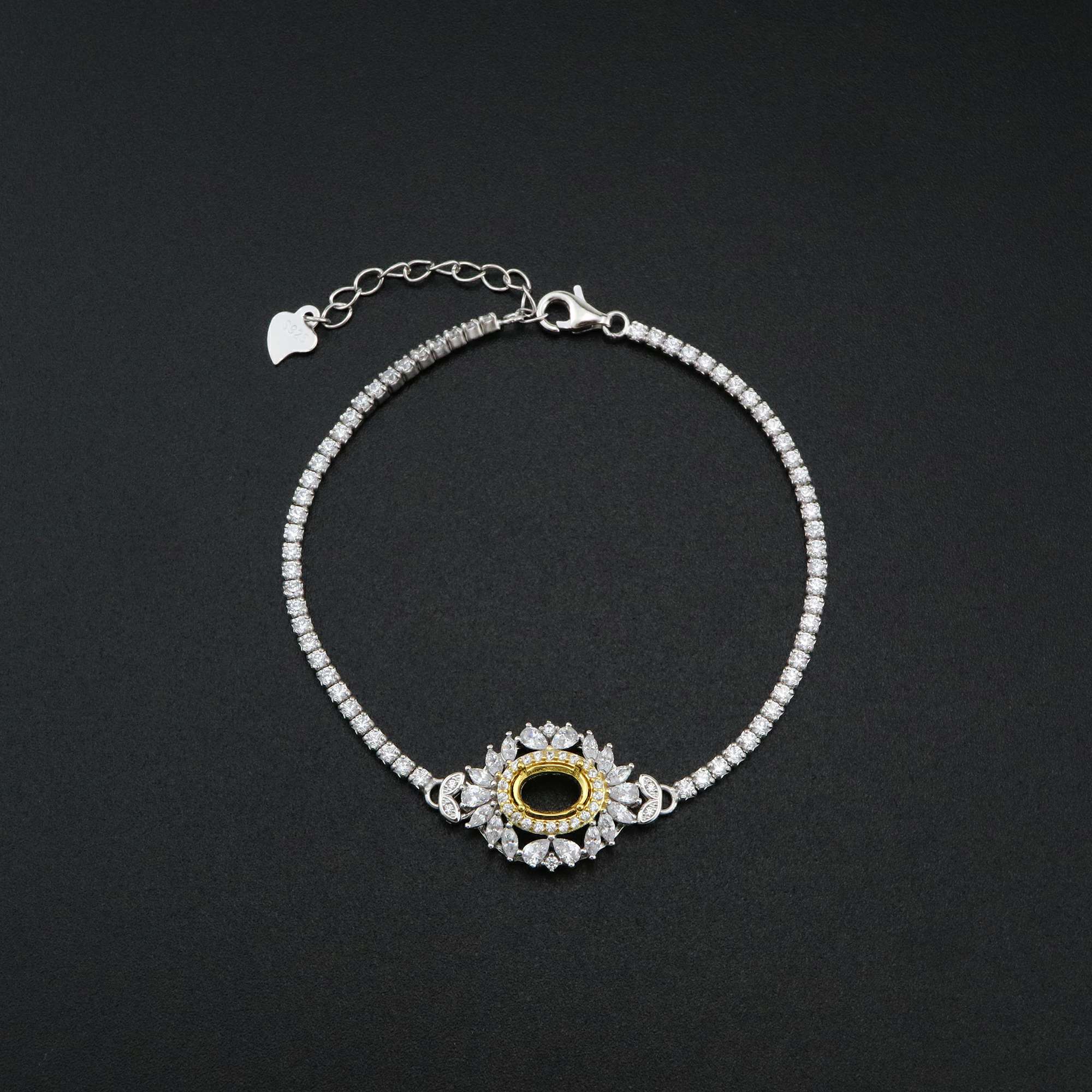 1Pcs 5x7MM Oval Prong Bezel Bracelet Settings Luxury Gold Plated Solid 925 Sterling Silver Tray for Gemstone 6''+1.6'' 1900253 - Click Image to Close