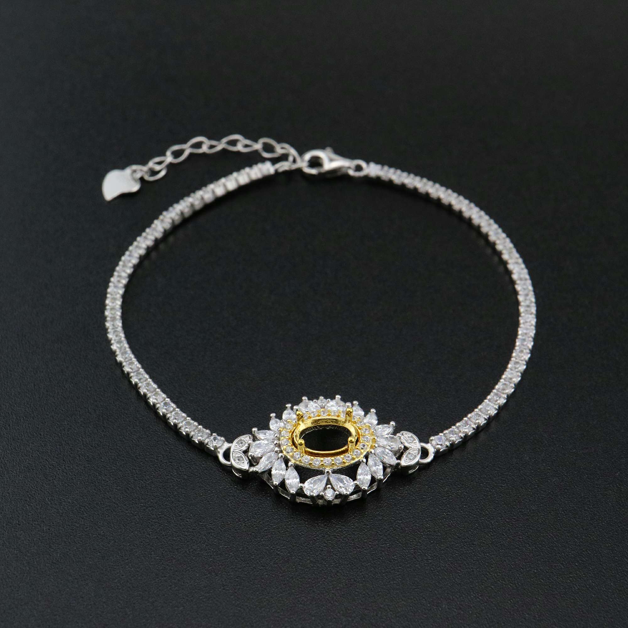 1Pcs 5x7MM Oval Prong Bezel Bracelet Settings Luxury Gold Plated Solid 925 Sterling Silver Tray for Gemstone 6''+1.6'' 1900253 - Click Image to Close