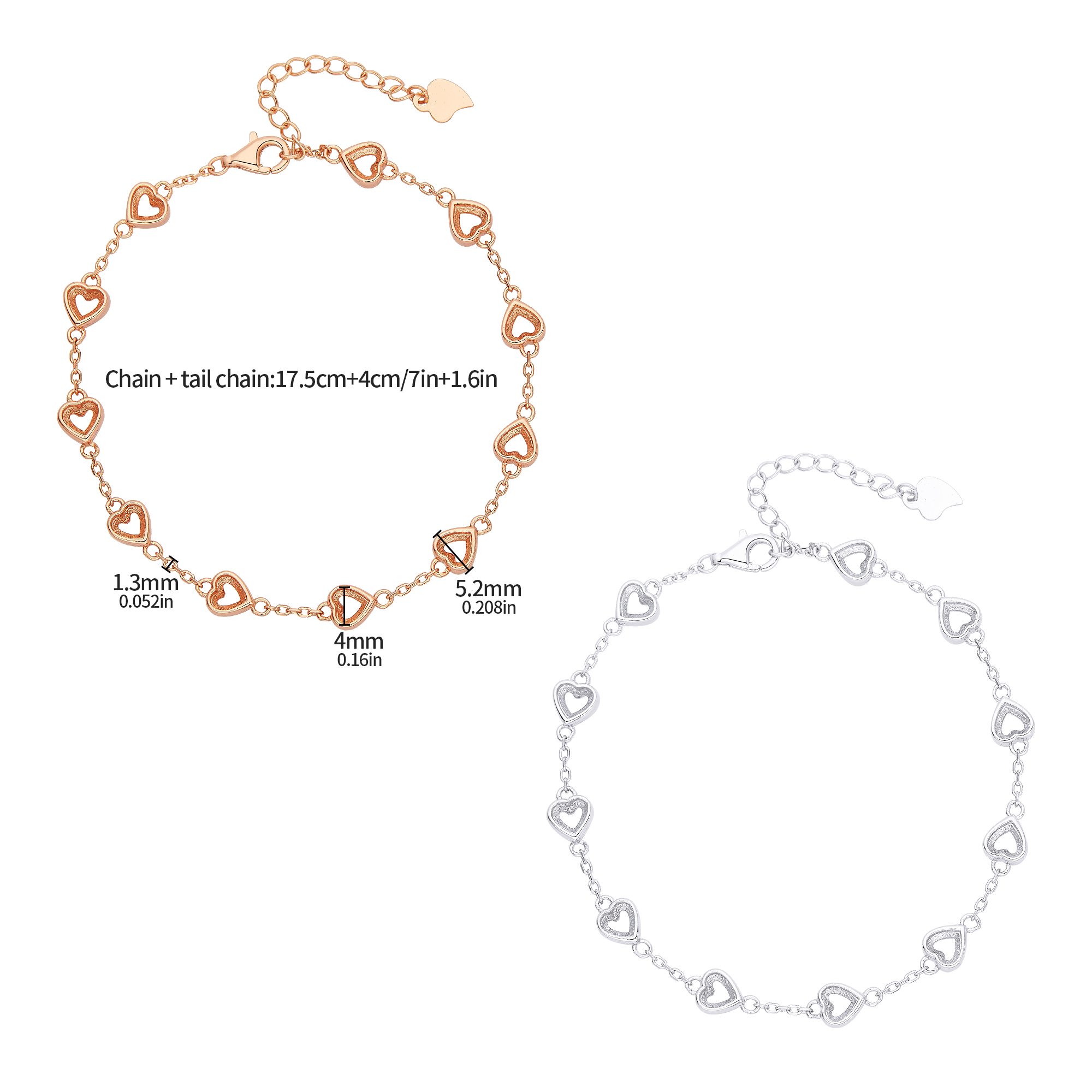 4MM 11 Stones Heart Bezel Bracelet Settings,Solid 925 Sterling Silver Rose Gold Plated Bracelet With Chain 7''+1.6'' 1900306 - Click Image to Close