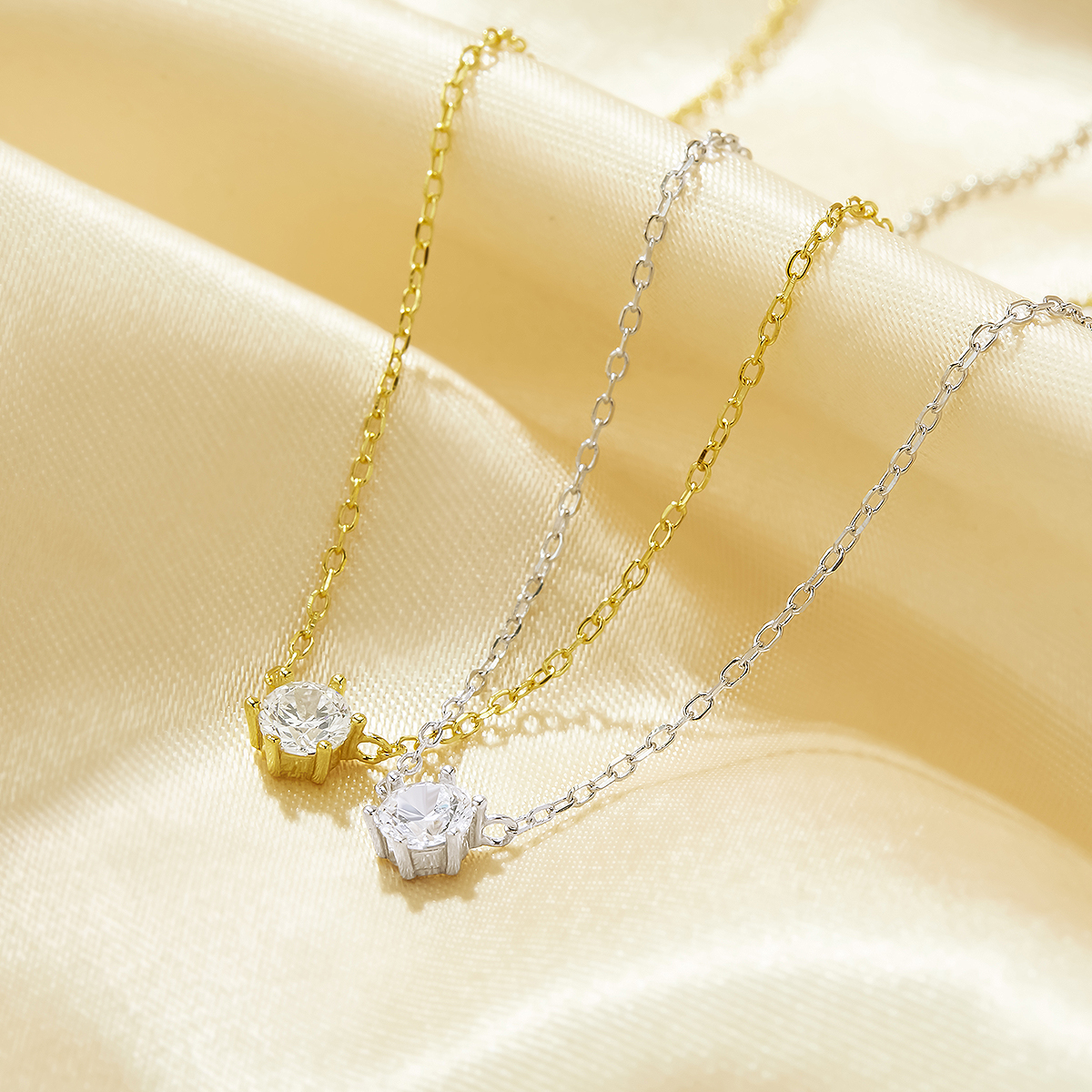 1PCS 4MM Round White Cubic Zirconia Charm Necklace,Solid 925 Sterling Silver Gold Plated Necklace,Minimalist CZ Stone Necklace Chain 16''+2'' 6110138 - Click Image to Close