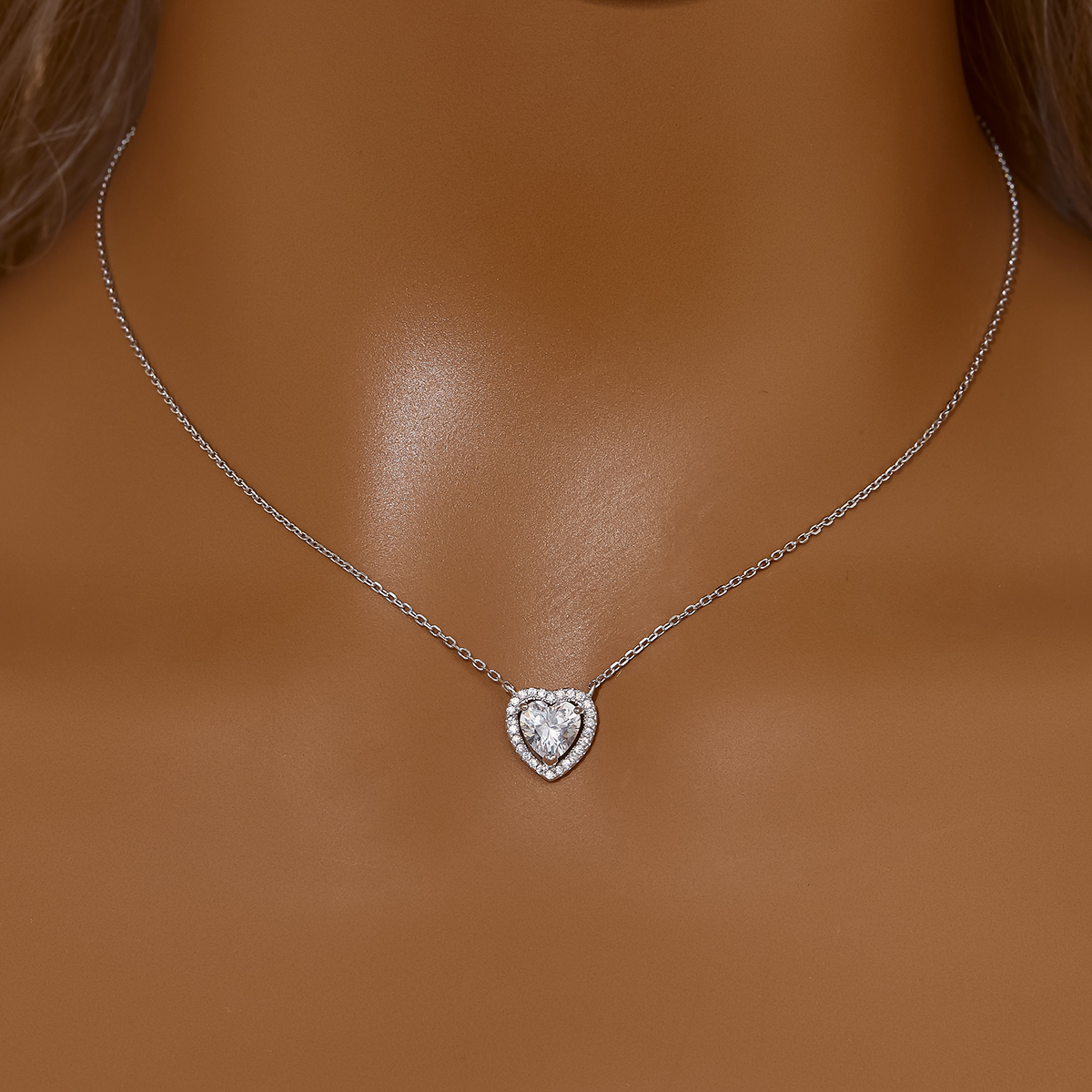 Halo Heart Pendant Necklace With 7MM Heart Cubic Zirconia,Solid 925 Sterling Silver Necklace,Pave CZ Stone Necklace 16''+2'' 6170046 - Click Image to Close