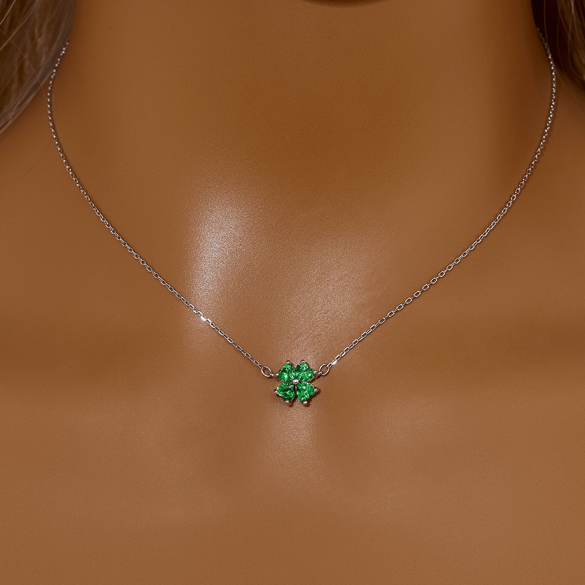 Lucky Four Leaf Clover Pendant Necklace With 4 Stone 4MM Heart Green Cubic Zirconia,Solid 925 Sterling Silver Necklace 16''+2'' 6170047 - Click Image to Close