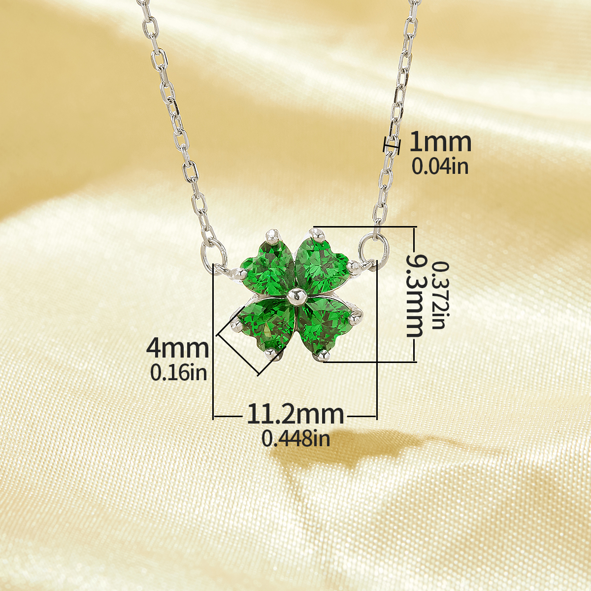 Lucky Four Leaf Clover Pendant Necklace With 4 Stone 4MM Heart Green Cubic Zirconia,Solid 925 Sterling Silver Necklace 16''+2'' 6170047 - Click Image to Close