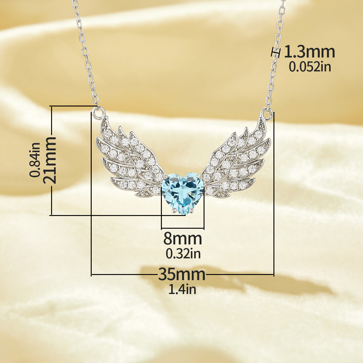 Angel Wings Pendant Necklace With 8MM Heart Sky Blue Cubic Zirconia,Solid 925 Sterling Silver Necklace,Dainty Necklace 6170049 - Click Image to Close