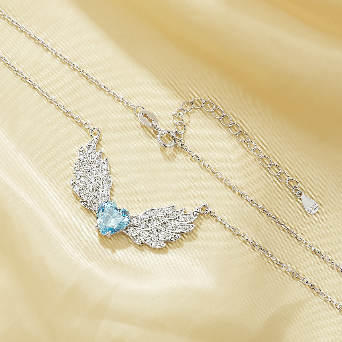 Angel Wings Pendant Necklace With 8MM Heart Sky Blue Cubic Zirconia,Solid 925 Sterling Silver Necklace,Dainty Necklace 6170049 - Click Image to Close