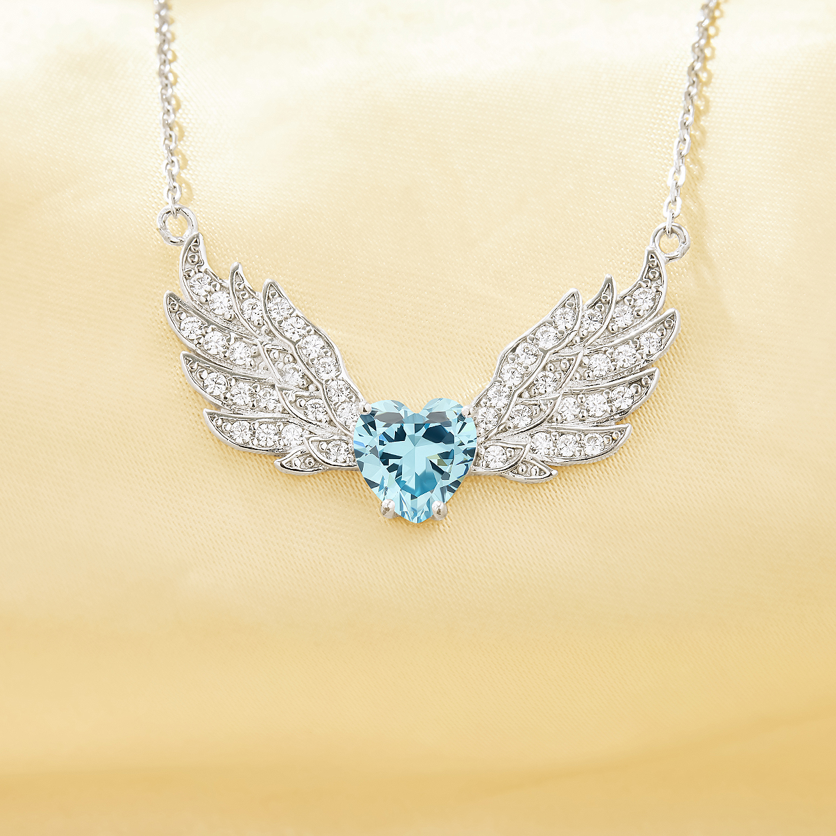 Angel Wings Pendant Necklace With 8MM Heart Sky Blue Cubic Zirconia,Solid 925 Sterling Silver Necklace,Dainty Necklace 6170049 - Click Image to Close