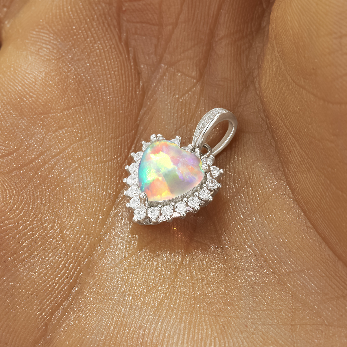 Heart Simulated Opal Pendant With 8MM Heart Color Change Simulated Opal,Solid 925 Sterling Silver Pendant Charm,October Birthstone Pendant 6170051 - Click Image to Close