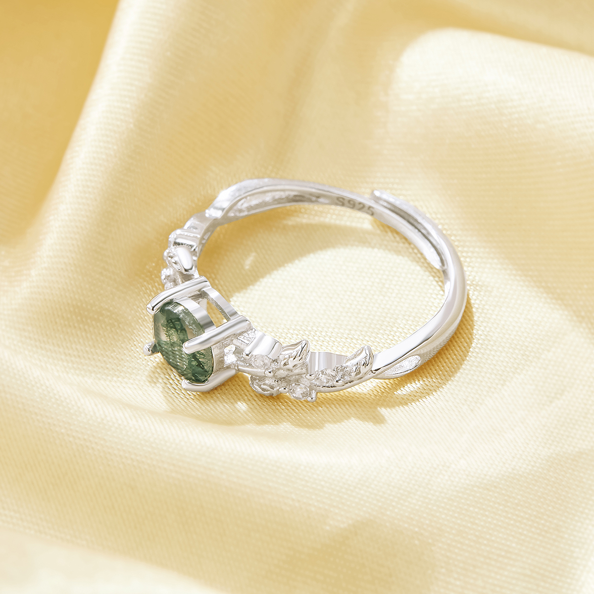 Tree Branch Leaf Ring With 6MM Round Green Moss Agate,Solid 925 Sterling Silver Ring,Adjustable Ring,Unique Nature Gemstone Ring 6210289 - Click Image to Close