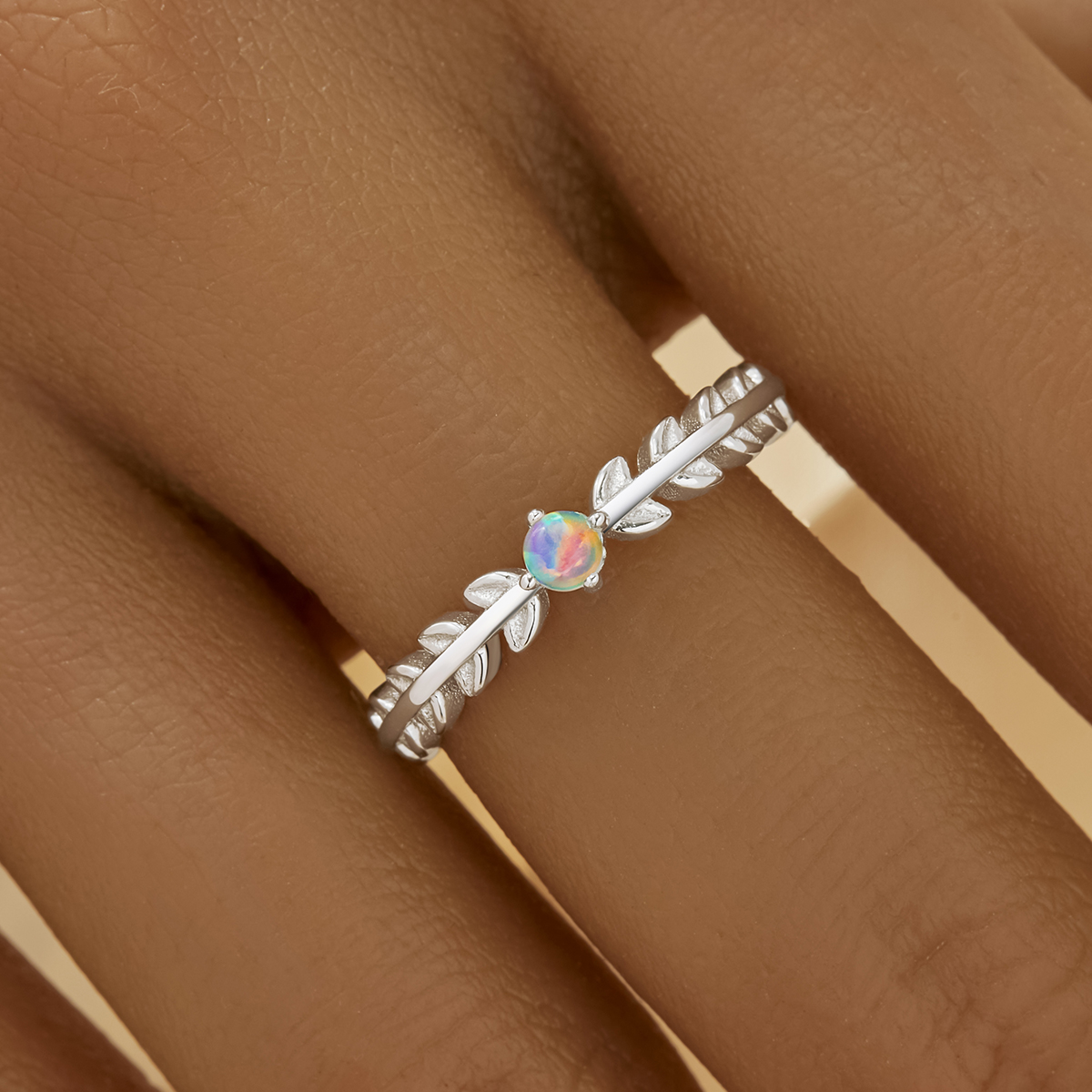 Tree Branch Leaf Ring With 3MM Round Color Change Simulated Opal,Solid 925 Sterling Silver Ring,Adjustable Ring,October Birthstone Ring 6210291 - Click Image to Close