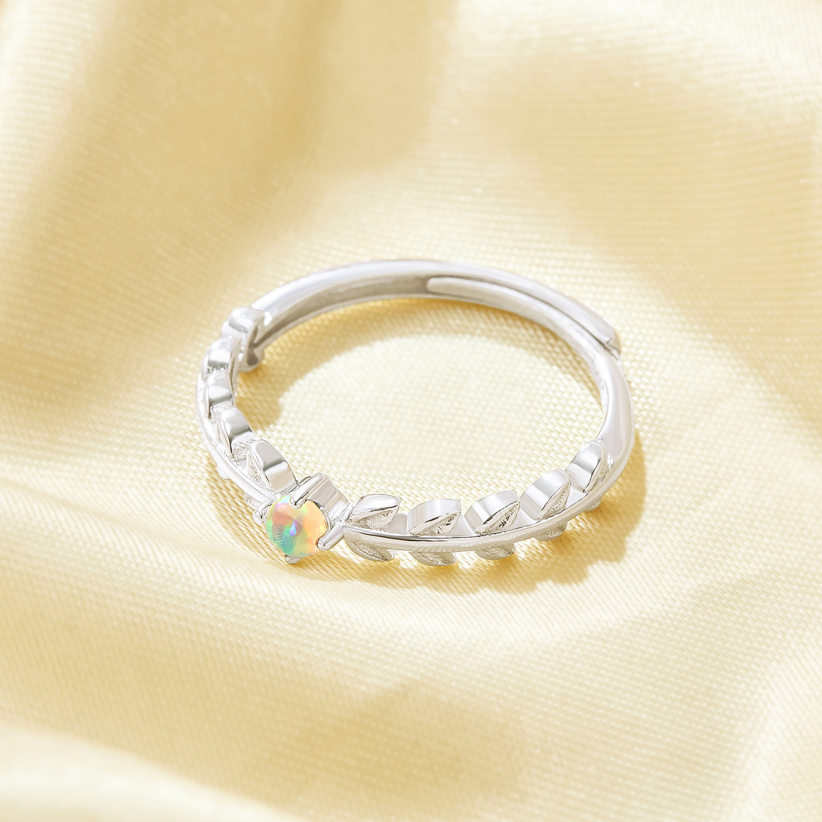 Tree Branch Leaf Ring With 3MM Round Color Change Simulated Opal,Solid 925 Sterling Silver Ring,Adjustable Ring,October Birthstone Ring 6210291 - Click Image to Close