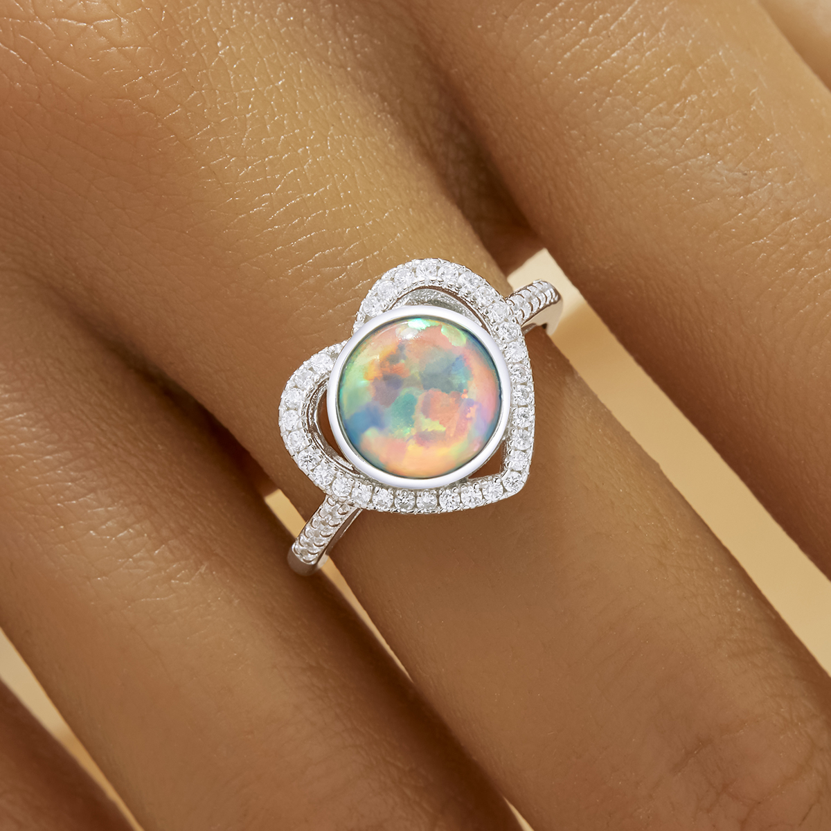 Elegant Heart Ring With Halo 8MM Round Color Change Simulated Opal,Solid 925 Sterling Silver Ring,Adjustable Ring,October Birthstone Ring 6210296 - Click Image to Close