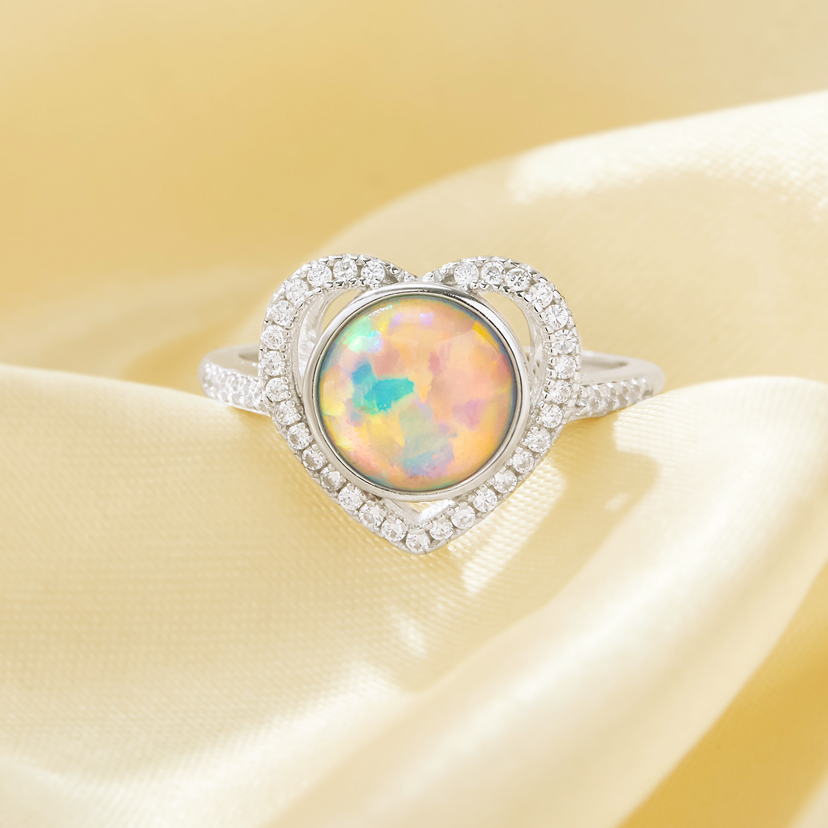 Elegant Heart Ring With Halo 8MM Round Color Change Simulated Opal,Solid 925 Sterling Silver Ring,Adjustable Ring,October Birthstone Ring 6210296 - Click Image to Close