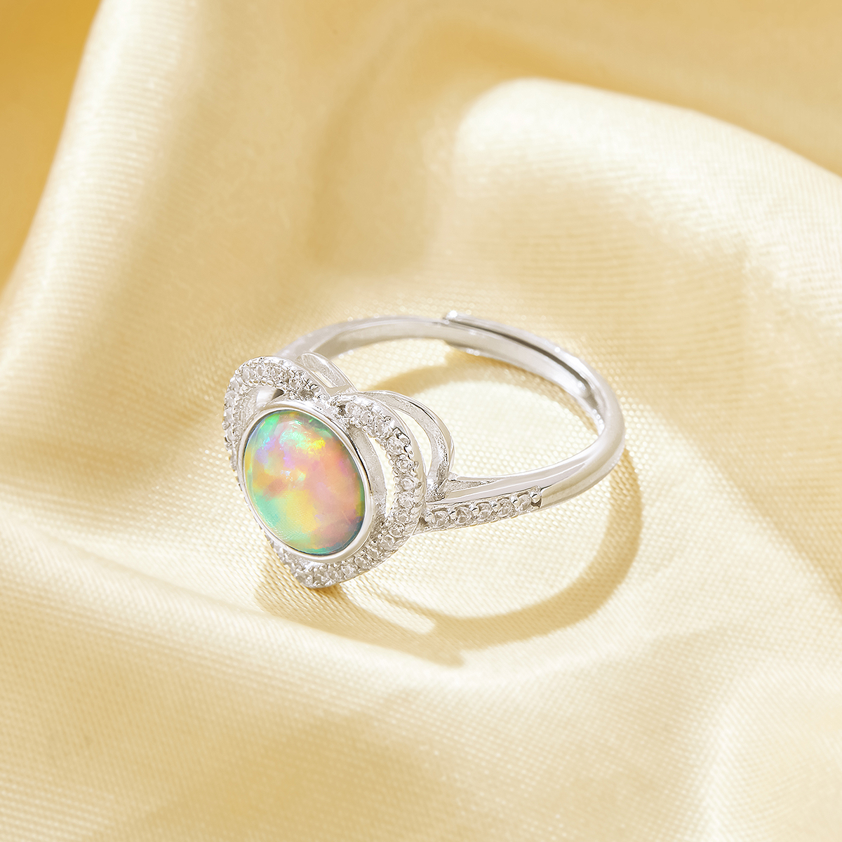 Elegant Heart Ring With Halo 8MM Round Color Change Simulated Opal,Solid 925 Sterling Silver Ring,Adjustable Ring,October Birthstone Ring 6210296 - Click Image to Close