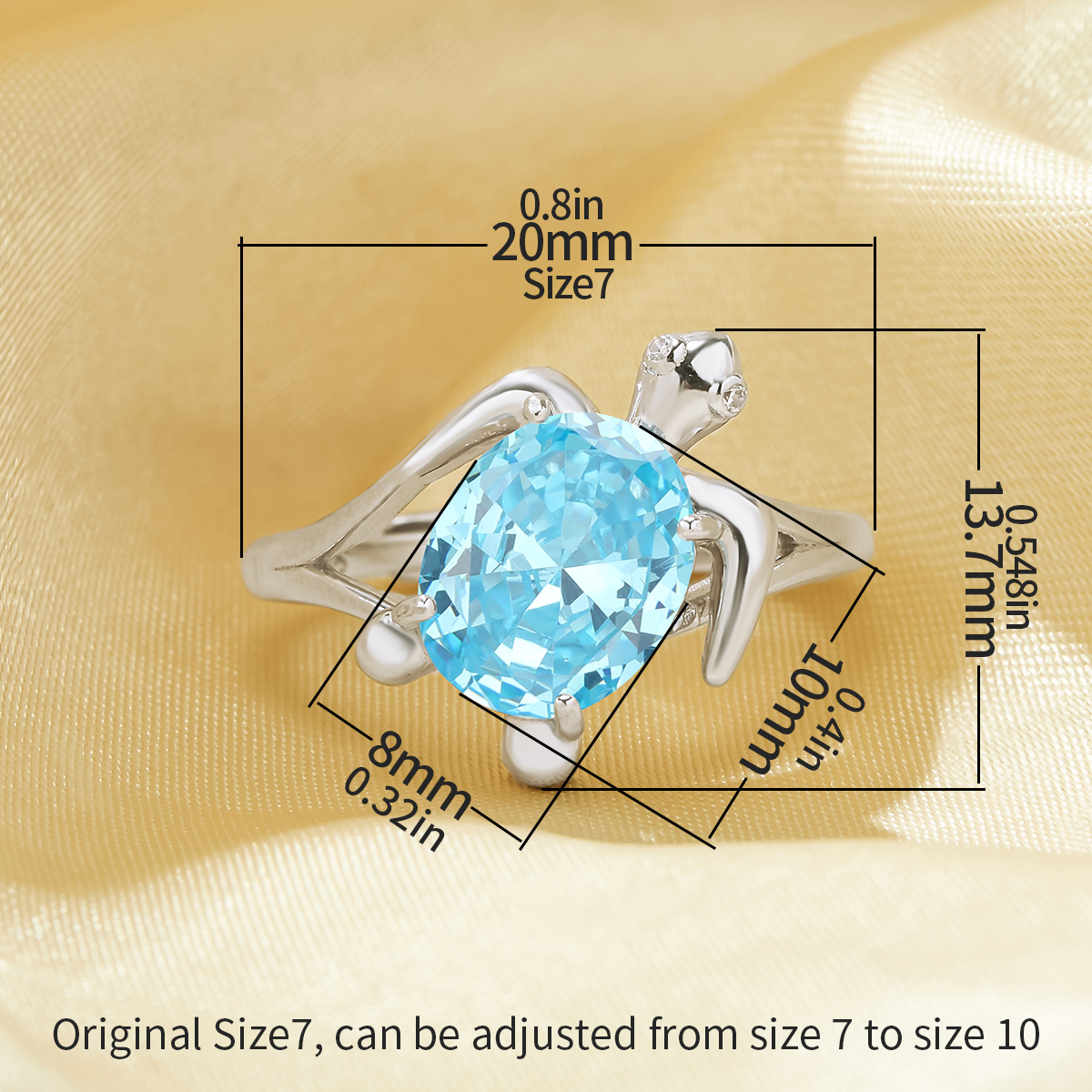 1PCS Sea Turtle Oval Simulated Aquamarine Sea Blue Cubic Zirconia Ring,Split Shank Solid 925 Sterling Silver Ring,Adjustable Ring 6220252 - Click Image to Close