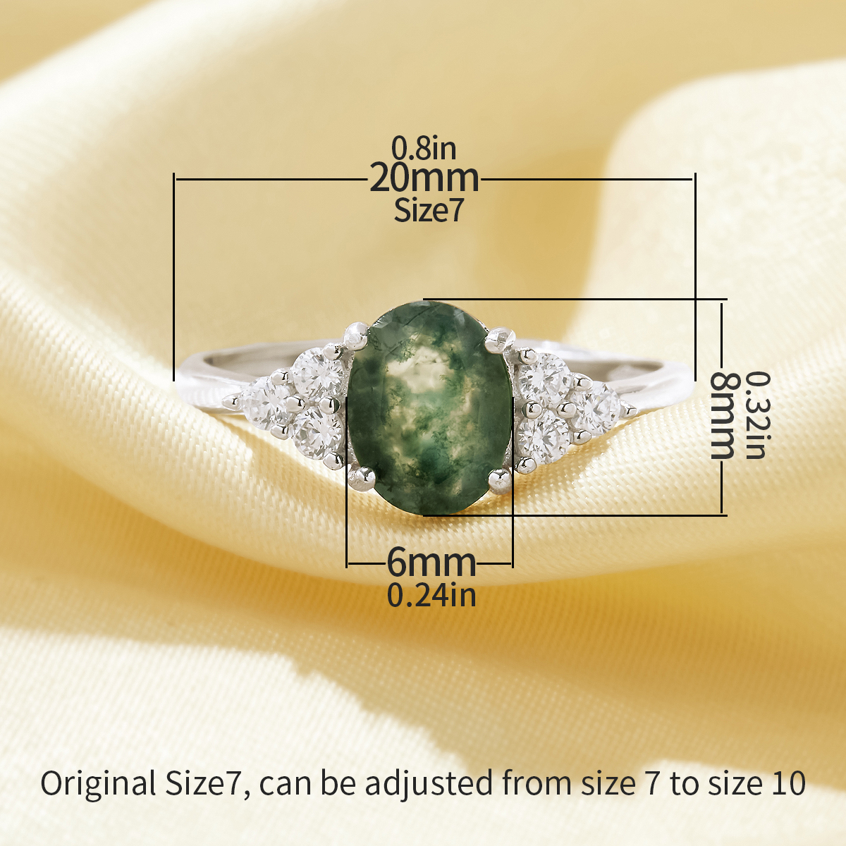 Elegant Oval Ring With 6x8MM Green Moss Agate,Solid 925 Sterling Silver Ring,Adjustable Ring,Vintage Styles Gemstone Ring 6220255 - Click Image to Close