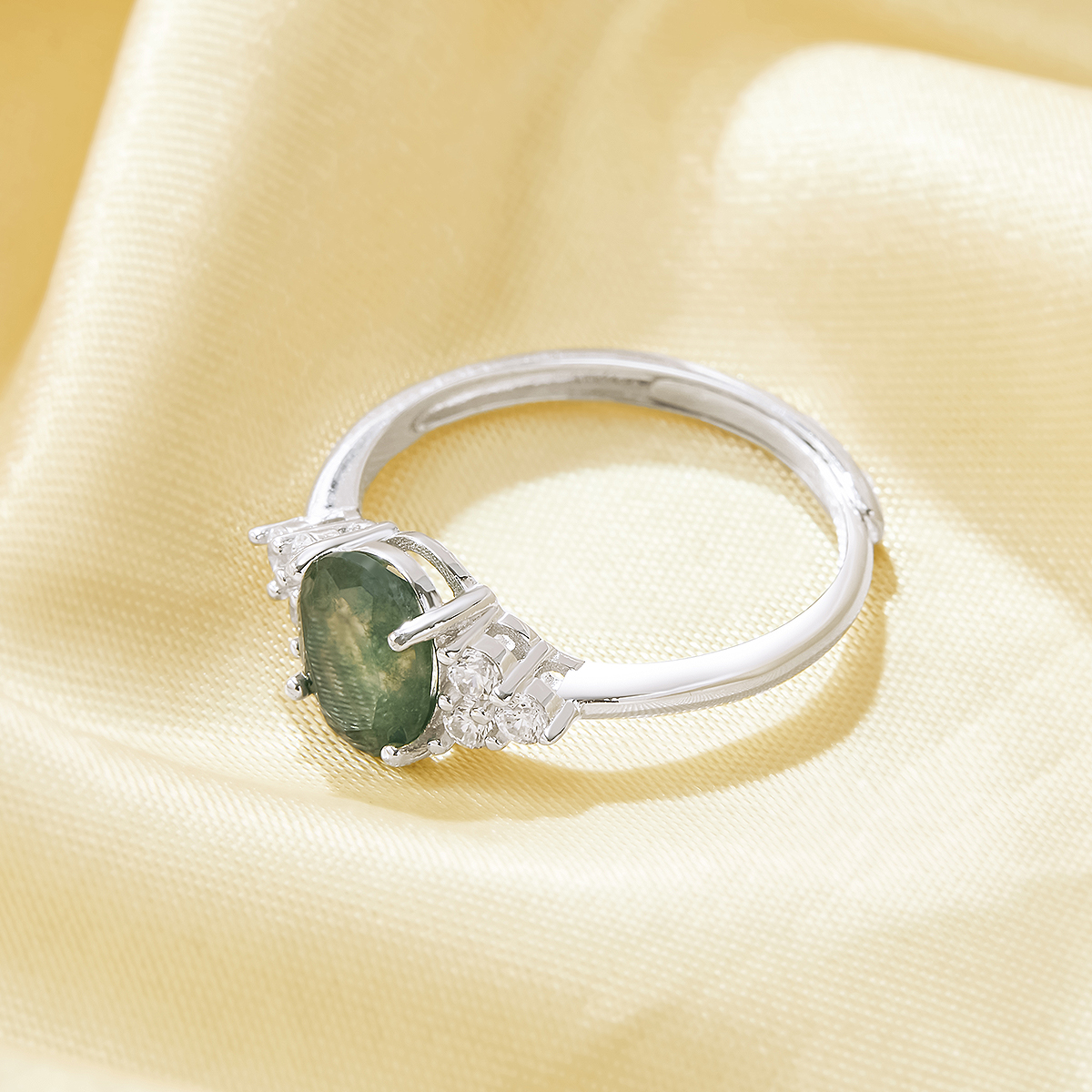 Elegant Oval Ring With 6x8MM Green Moss Agate,Solid 925 Sterling Silver Ring,Adjustable Ring,Vintage Styles Gemstone Ring 6220255 - Click Image to Close