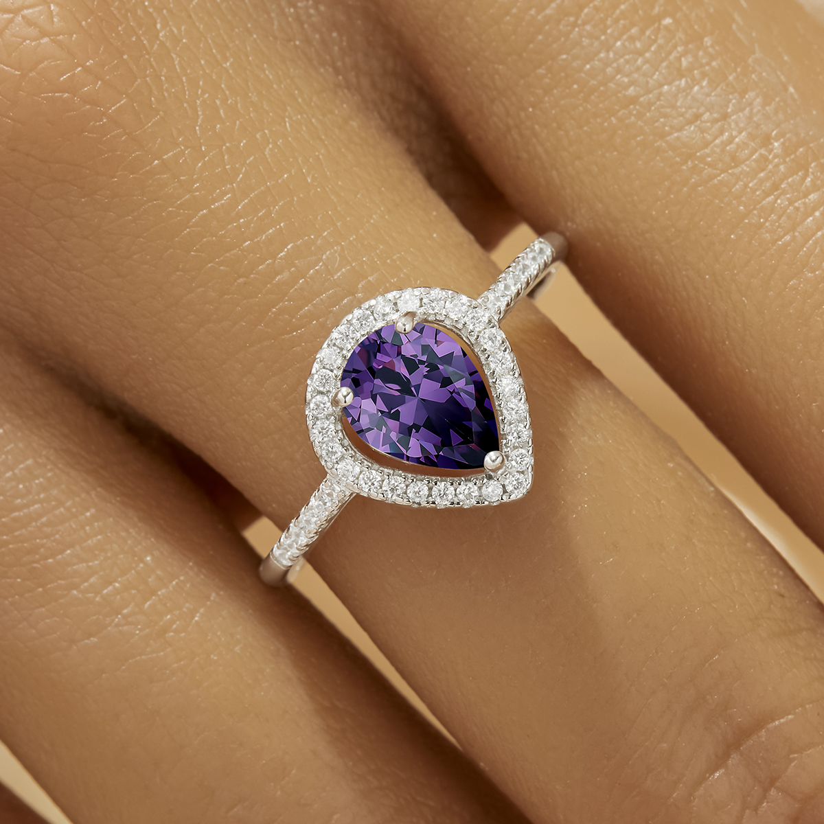 Elegant Halo Pear Ring With 6x8MM Pear Purple Cubic Zirconia,Solid 925 Sterling Silver Ring,Pave CZ Stone Pear Ring 6230043 - Click Image to Close