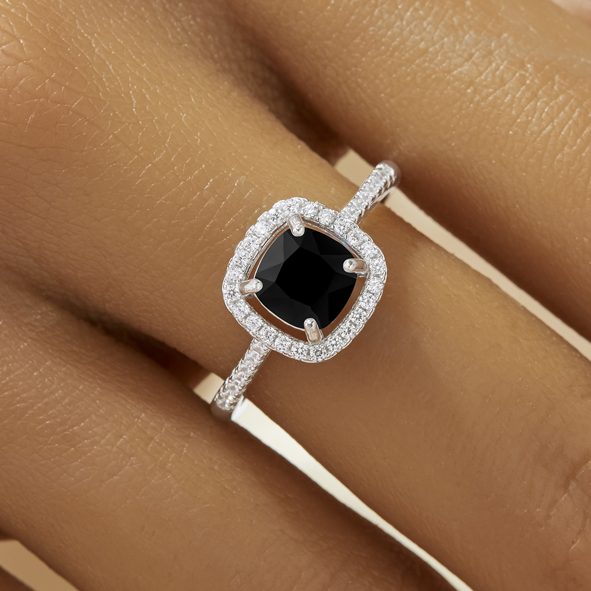 Elegant Cushion Square Ring With 6MM Square Black CZ Stone,Solid 925 Sterling Silver Ring,Pave CZ Stone Square Ring 6240027 - Click Image to Close