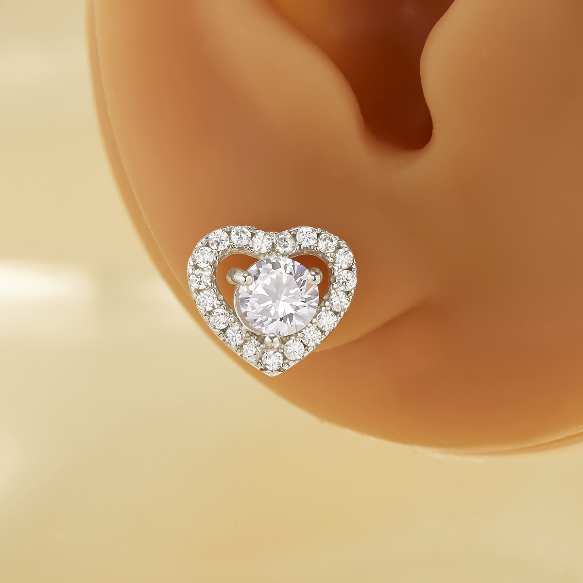 Dainty Heart Studs Earrings With 5MM Round White Cubic Zirconia,Solid 925 Sterling Silver Earring,Pave CZ Stone Earrings 6310093 - Click Image to Close