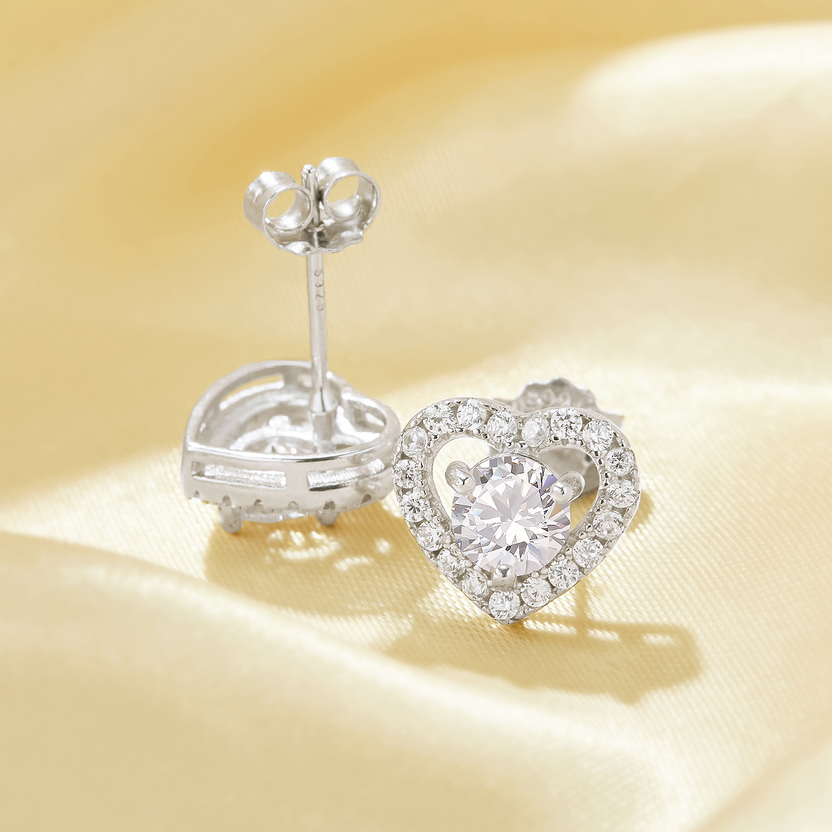 Dainty Heart Studs Earrings With 5MM Round White Cubic Zirconia,Solid 925 Sterling Silver Earring,Pave CZ Stone Earrings 6310093 - Click Image to Close