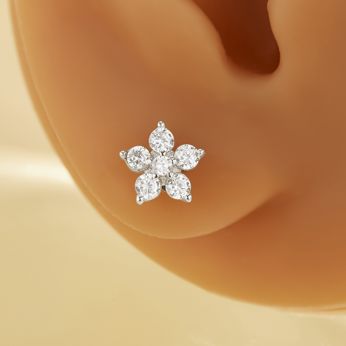 Dainty Screw Back Flower Studs Earrings With Round White Cubic Zirconia,Solid 925 Sterling Silver Earring,Pave CZ Stone Flower Earrings 6310098 - Click Image to Close