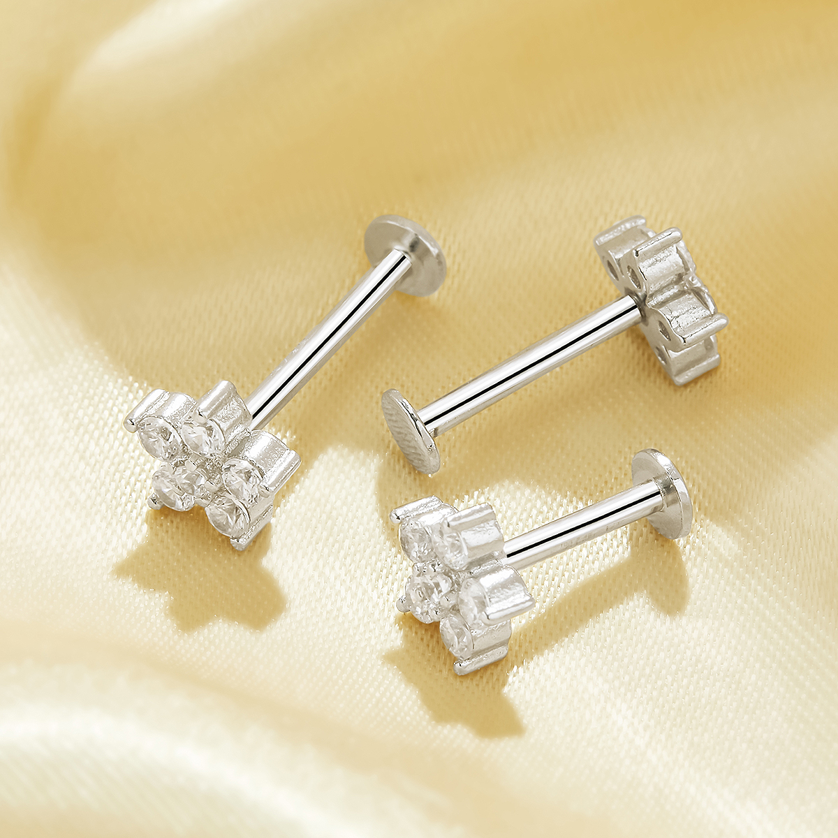 Dainty Screw Back Flower Studs Earrings With Round White Cubic Zirconia,Solid 925 Sterling Silver Earring,Pave CZ Stone Flower Earrings 6310098 - Click Image to Close