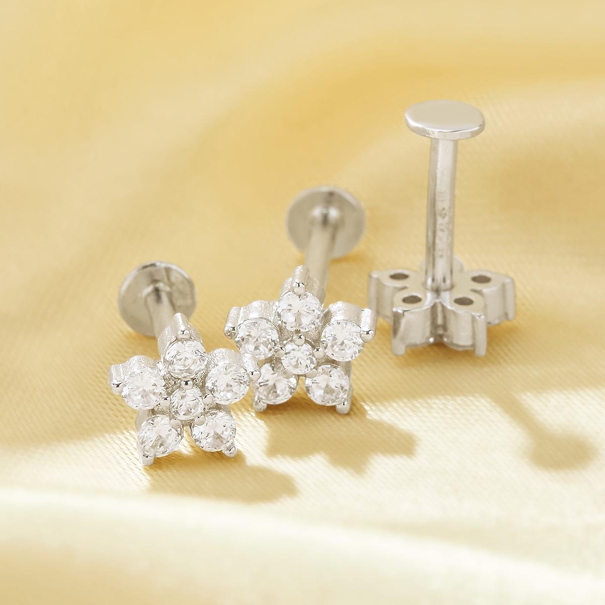 Dainty Screw Back Flower Studs Earrings With Round White Cubic Zirconia,Solid 925 Sterling Silver Earring,Pave CZ Stone Flower Earrings 6310098 - Click Image to Close